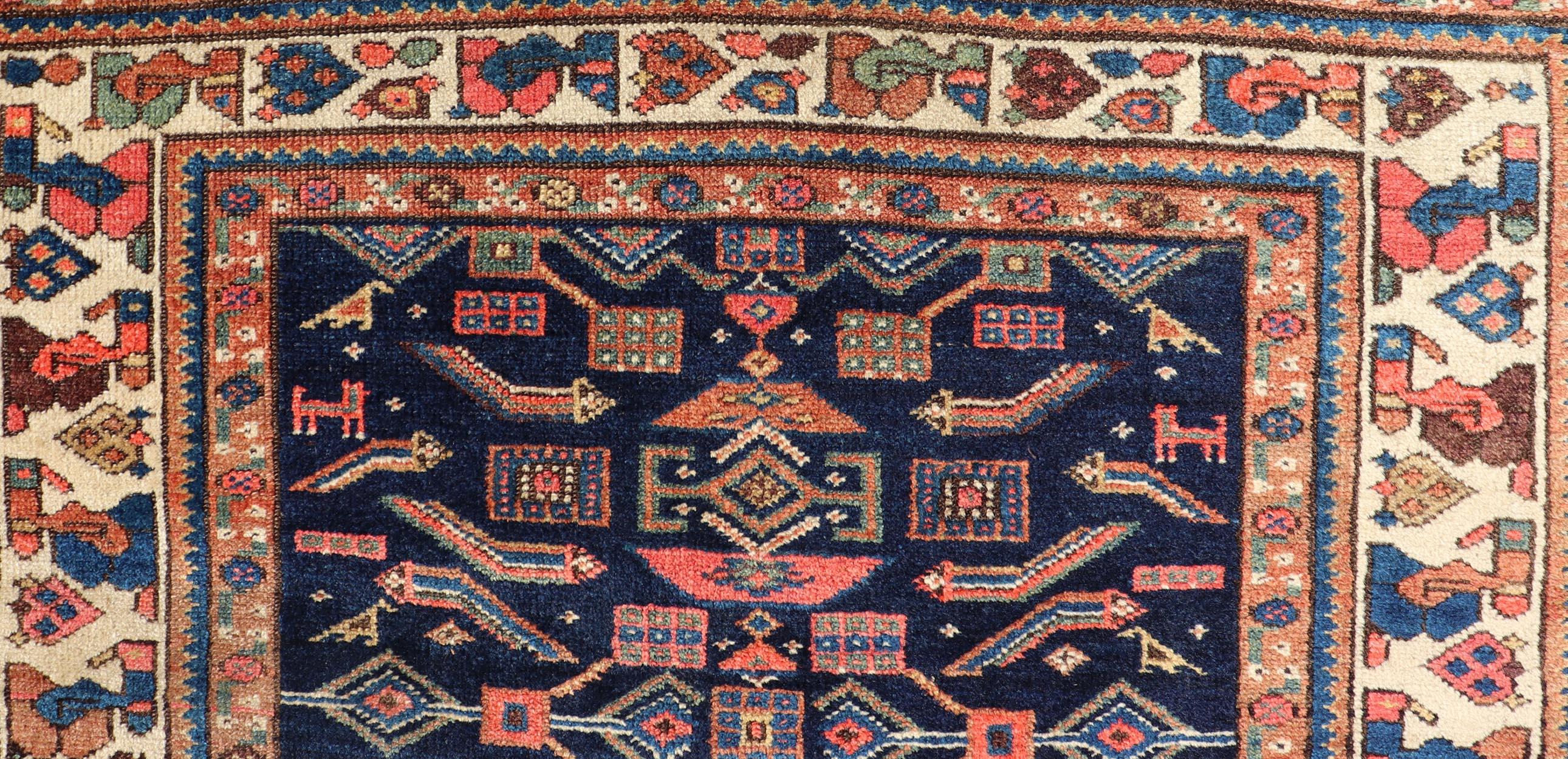 Antique Kurdish Rug With All-Over Geometric Design on a Blue Background For Sale 2