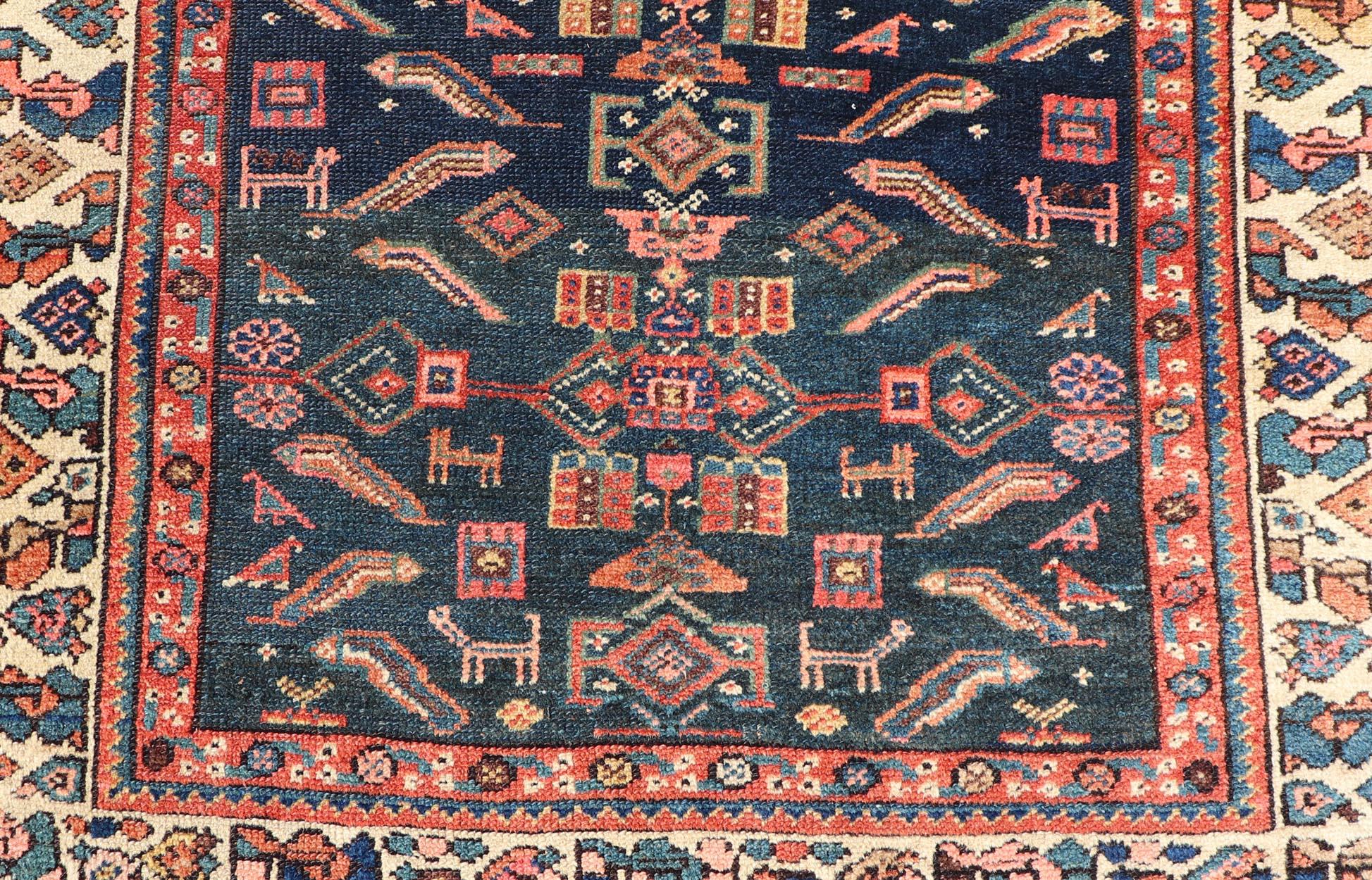 Antique Kurdish Rug With All-Over Geometric Design on a Blue Background For Sale 3