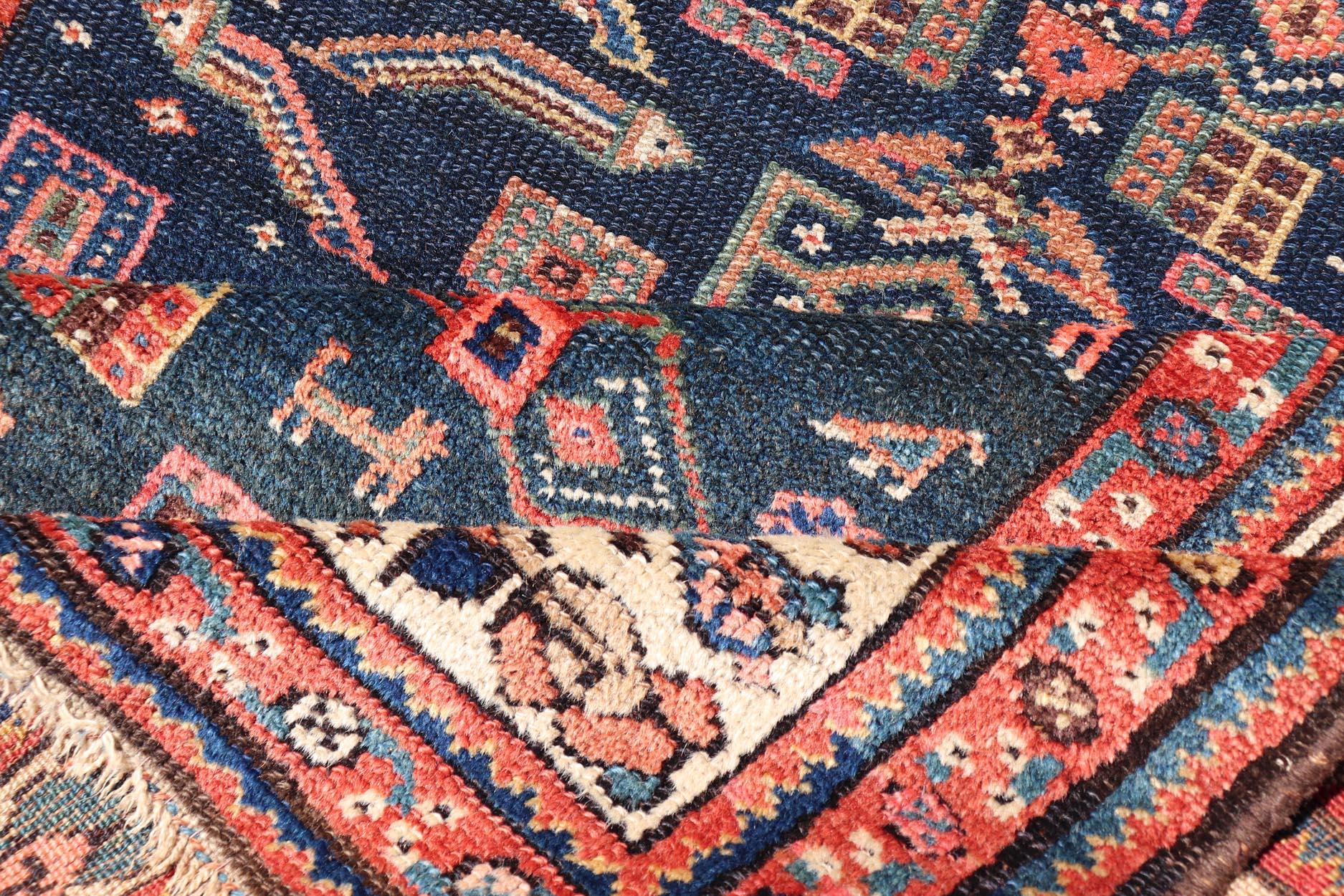Antique Kurdish Rug With All-Over Geometric Design on a Blue Background For Sale 4