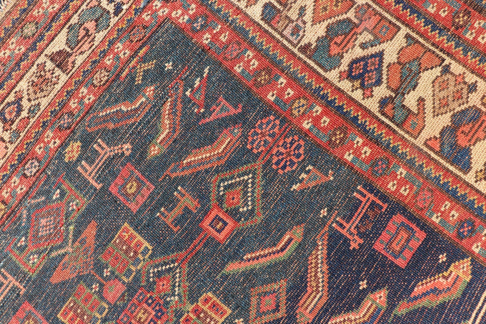 Antique Kurdish Rug With All-Over Geometric Design on a Blue Background For Sale 5