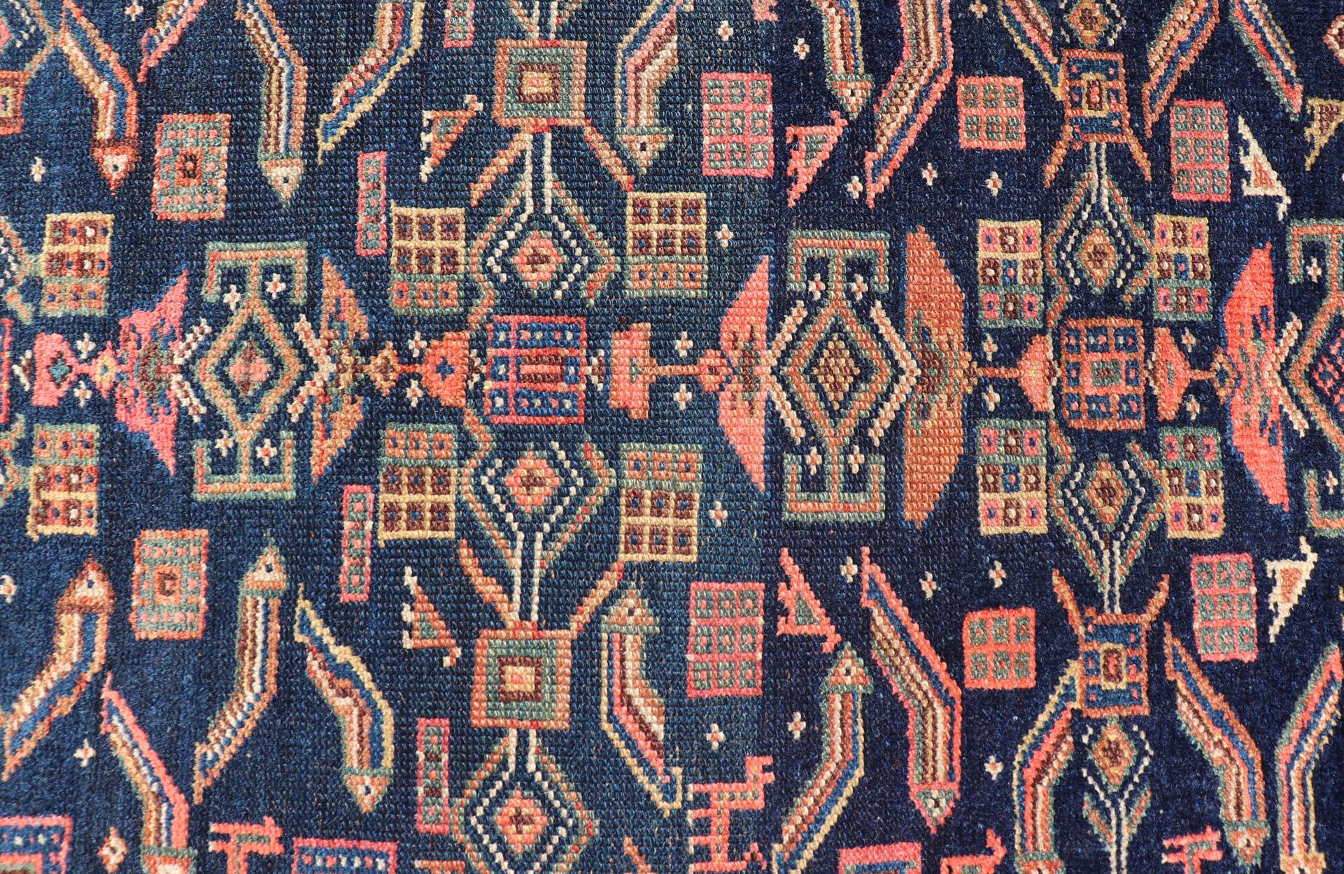Malayer Antique Kurdish Rug With All-Over Geometric Design on a Blue Background For Sale