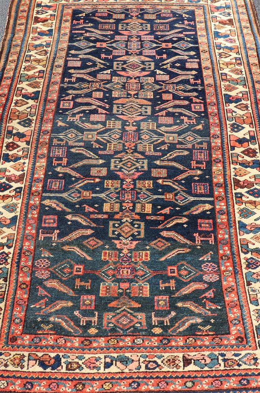 20th Century Antique Kurdish Rug With All-Over Geometric Design on a Blue Background For Sale