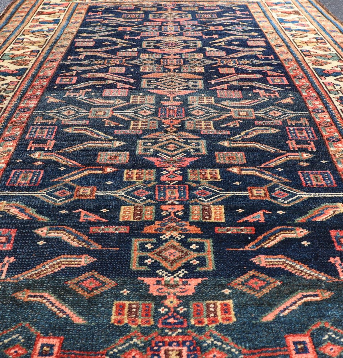 Wool Antique Kurdish Rug With All-Over Geometric Design on a Blue Background For Sale