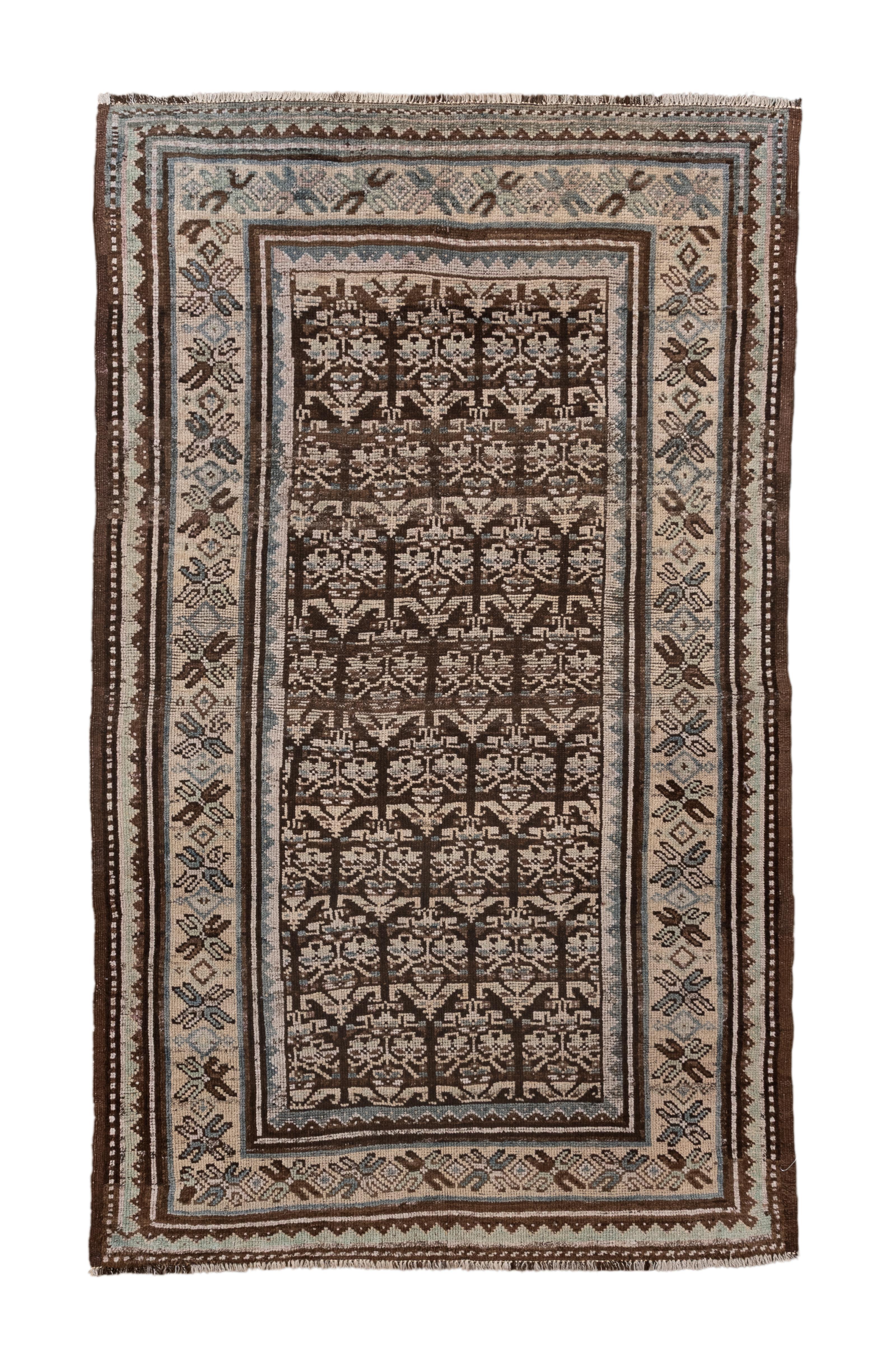 This antique Kurdish rug features a densely packed field of stylized “tree of life” motifs, rendered in rich brown and soft ivory with accents of slate and faded teal. The central composition is framed by a series of multiple guard borders featuring