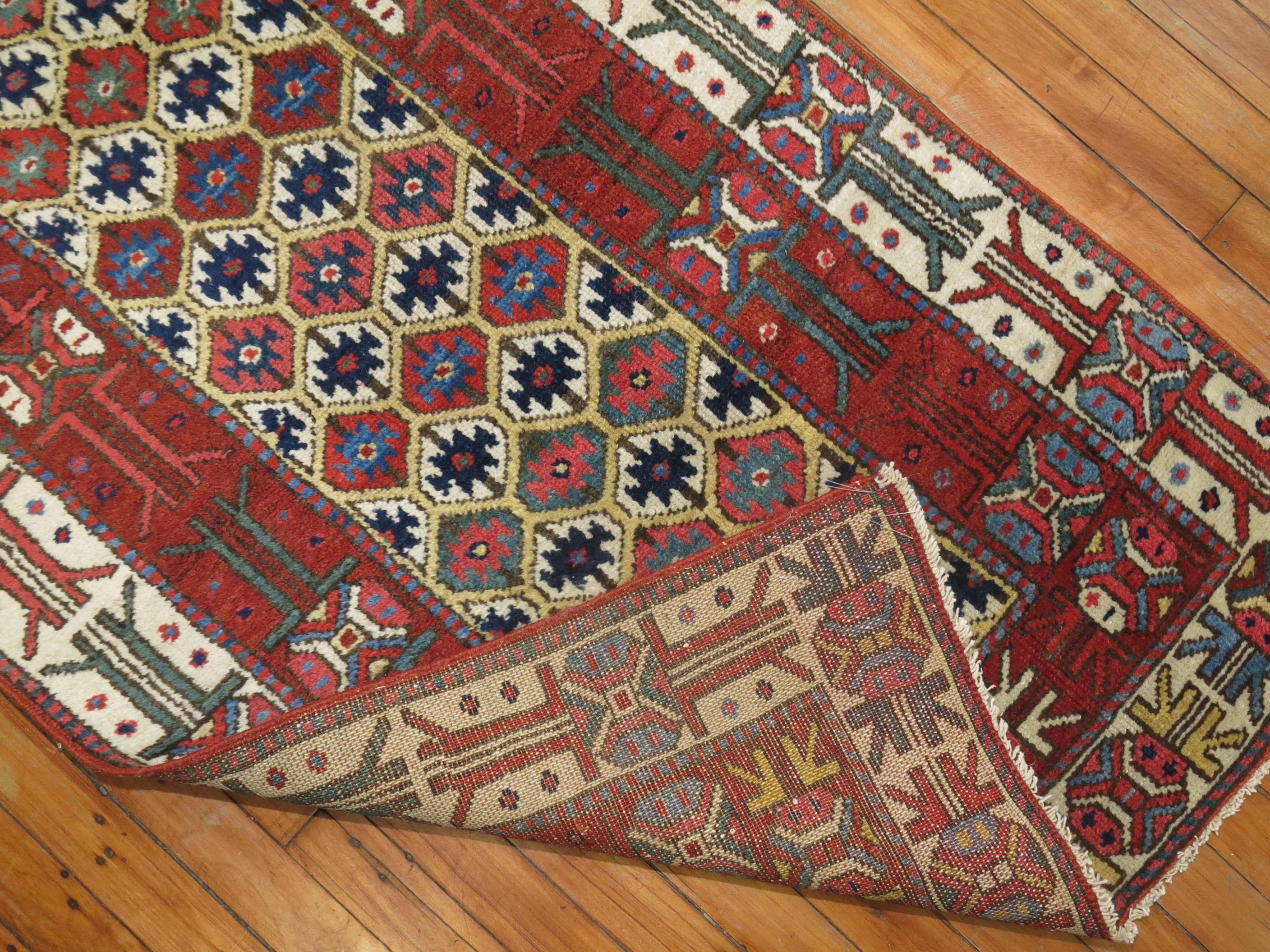 Spectacular tribal Kurdish runner with excellent pile and color, circa 1910.

Measures: 2'9” x 14'6”.