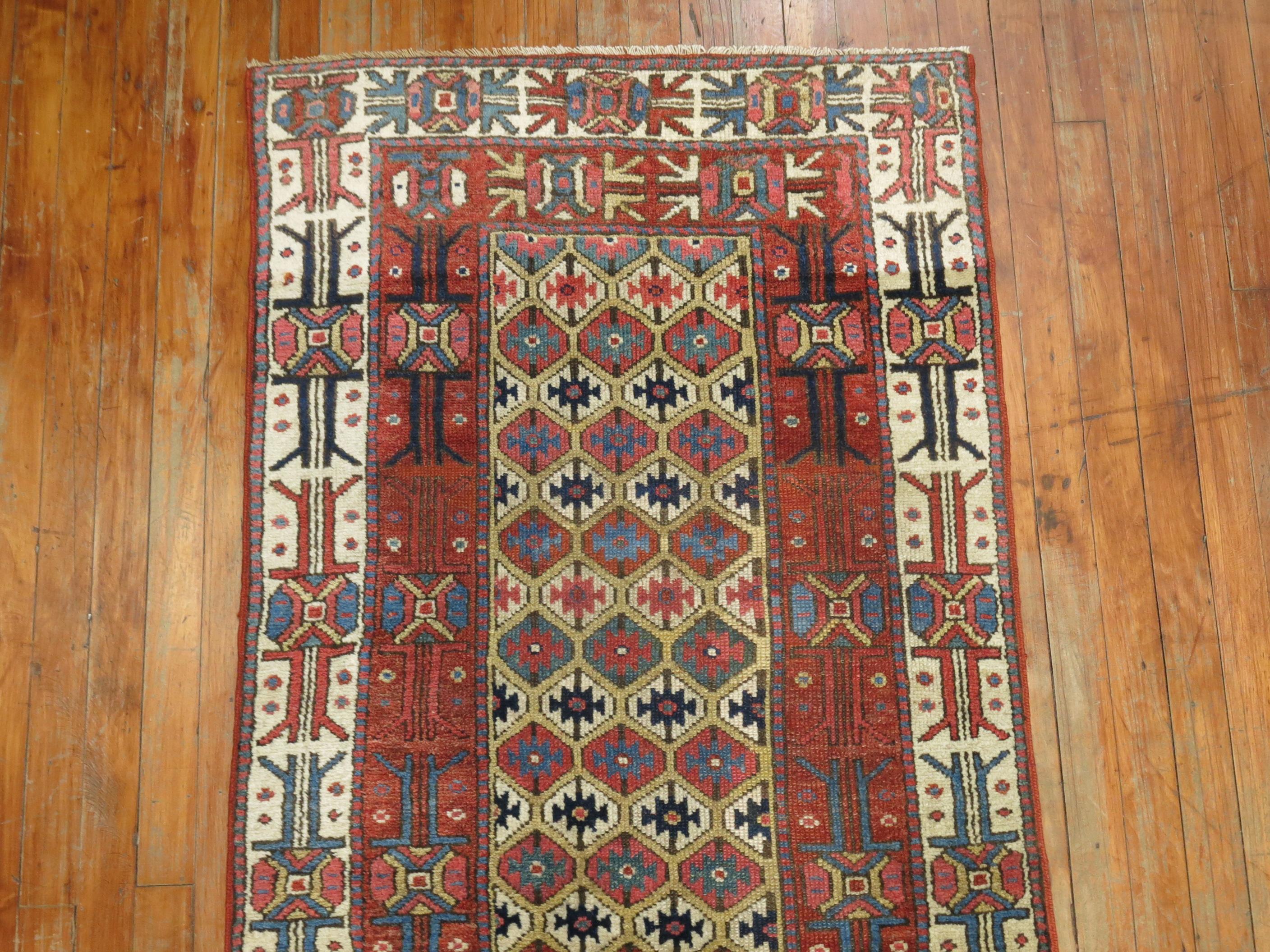 Hand-Knotted 20th Century Tribal Geometric Antique Persian Kurdish Runner For Sale