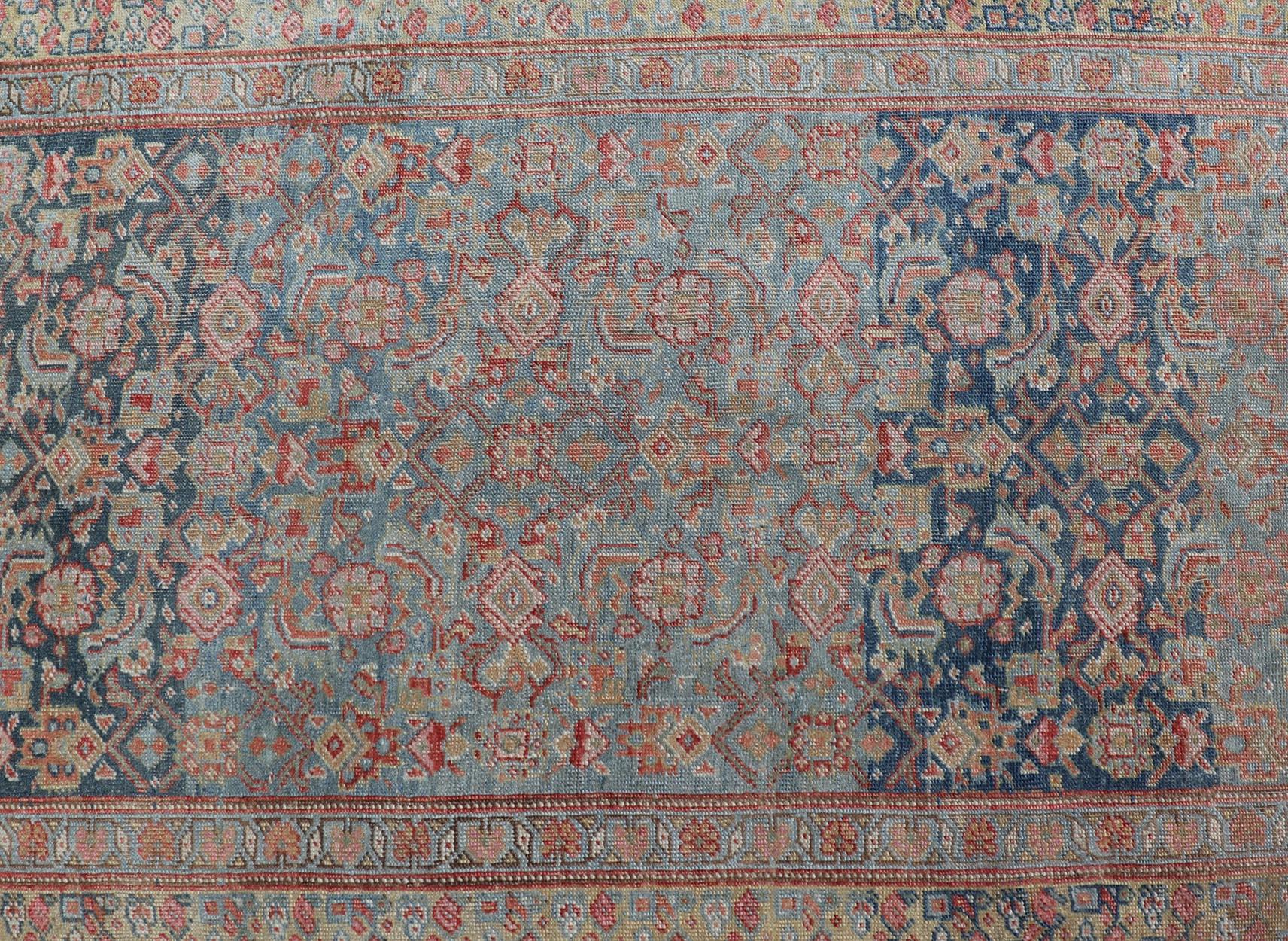 Antique Kurdish Runner with All over Design in Blue & Yellow Green For Sale 3