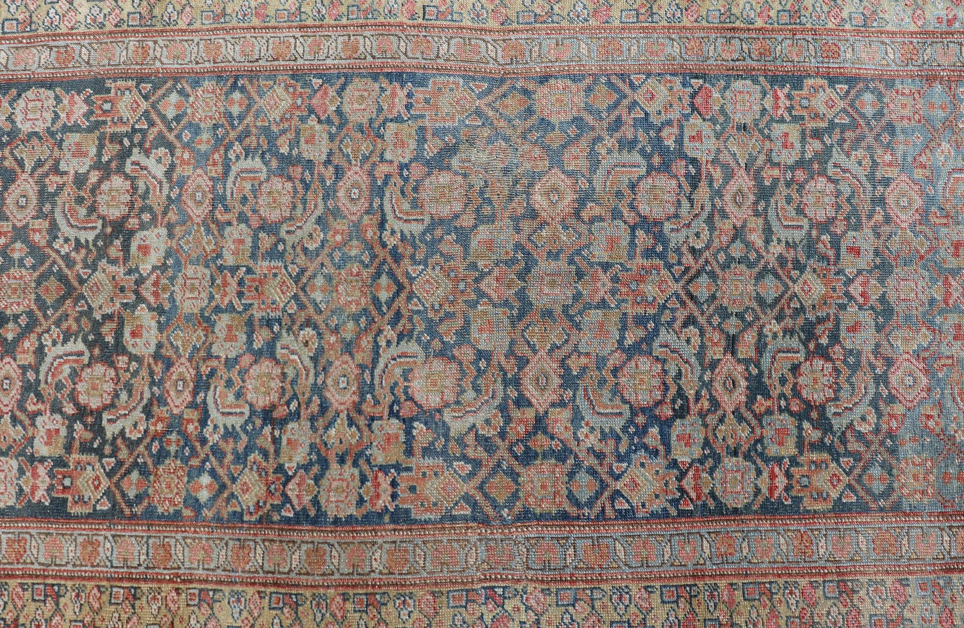 Persian Antique Kurdish Runner with All over Design in Blue & Yellow Green For Sale