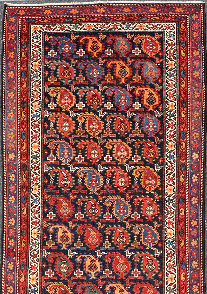 Antique Kurdish Runner with All-Over Geometric Design in Charcoal Background For Sale 4