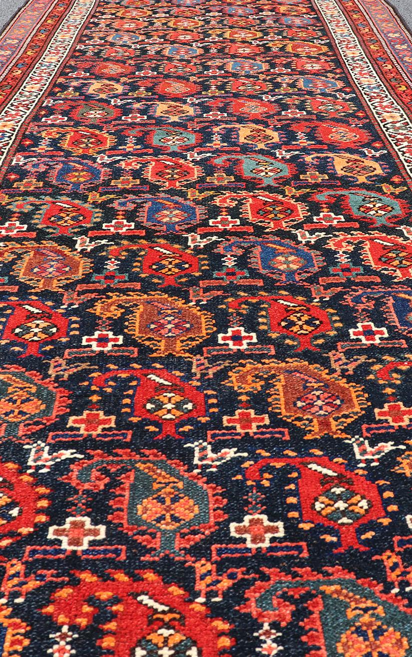 Hand-Knotted Antique Kurdish Runner with All-Over Geometric Design in Charcoal Background For Sale
