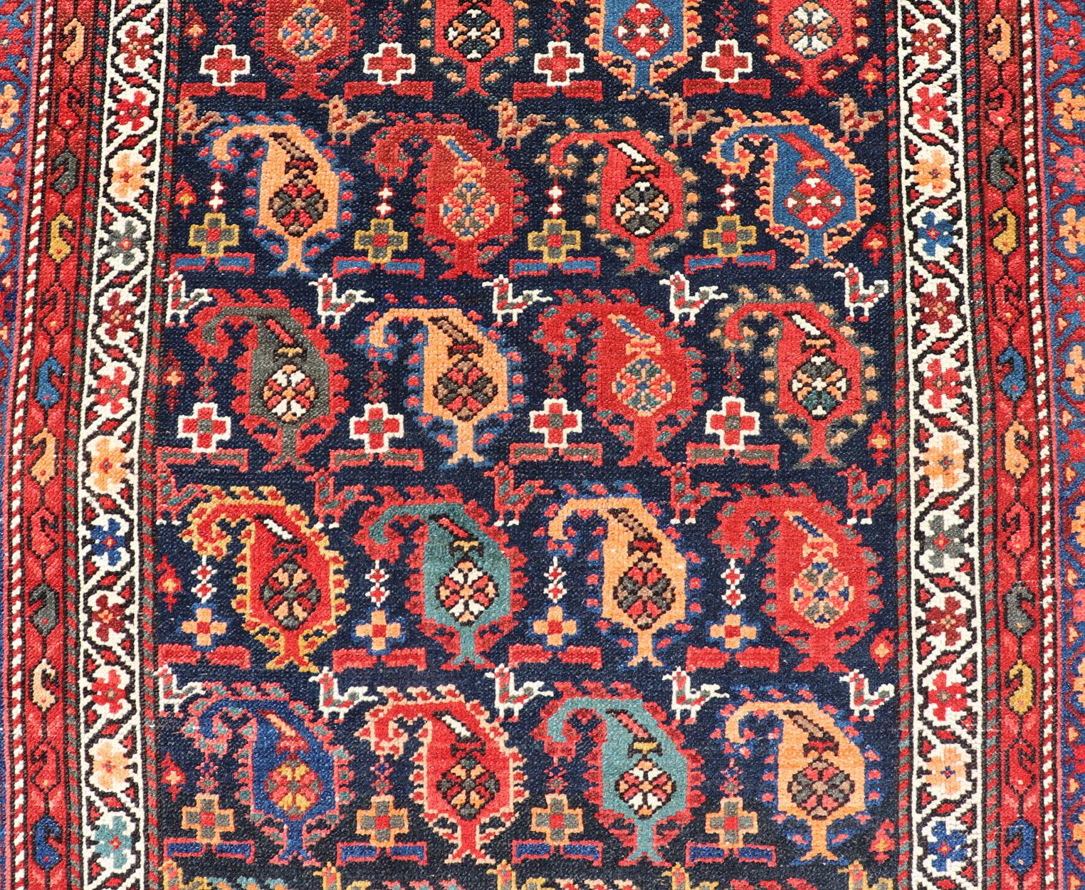 Antique Kurdish Runner with All-Over Geometric Design in Charcoal Background In Good Condition For Sale In Atlanta, GA