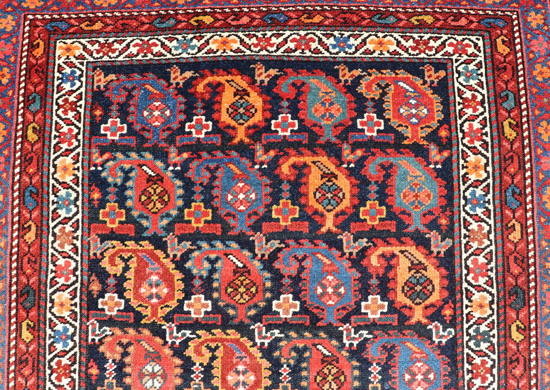 20th Century Antique Kurdish Runner with All-Over Geometric Design in Charcoal Background For Sale