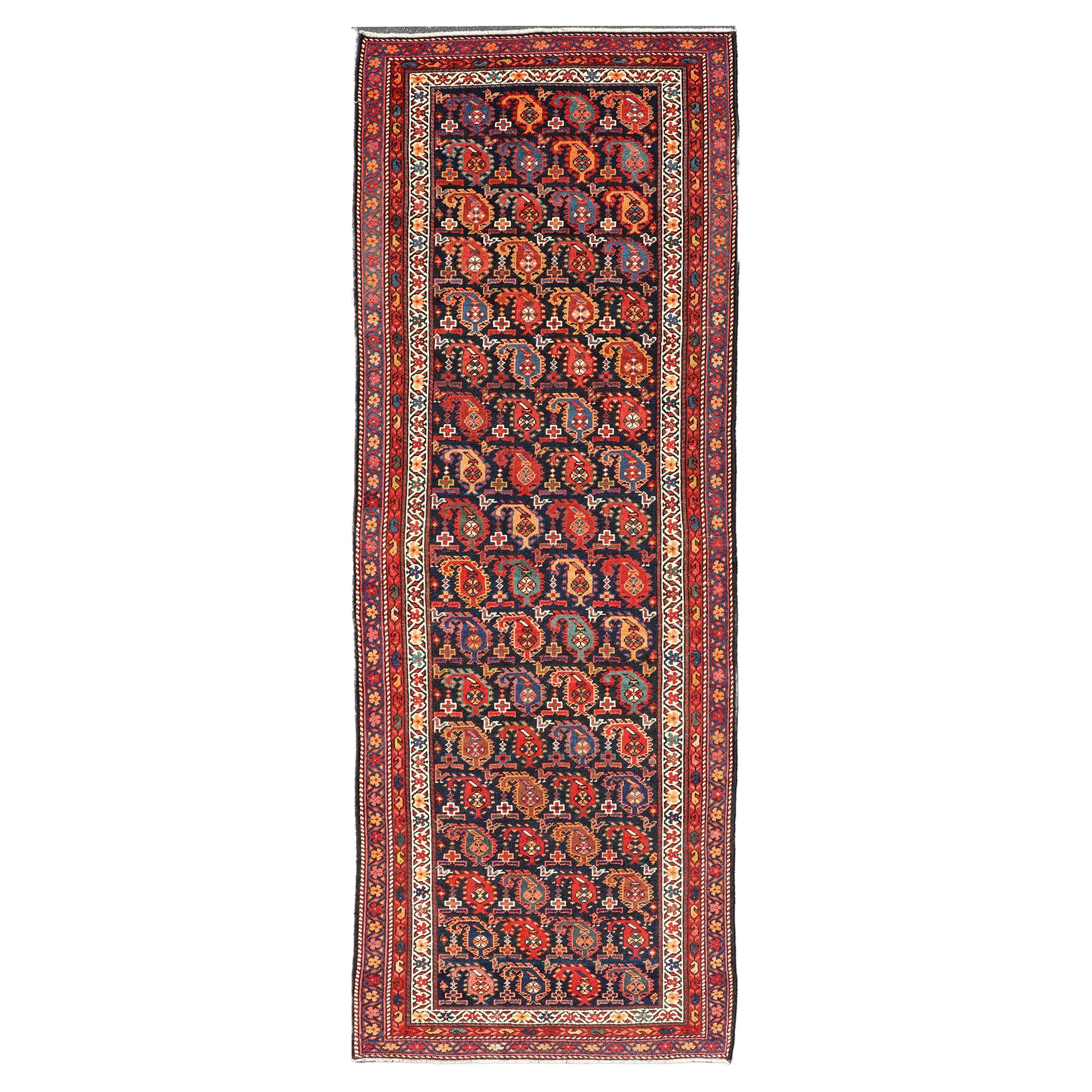 Antique Kurdish Runner with All-Over Geometric Design in Charcoal Background For Sale