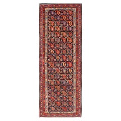 Antique Kurdish Runner with All-Over Geometric Design in Charcoal Background