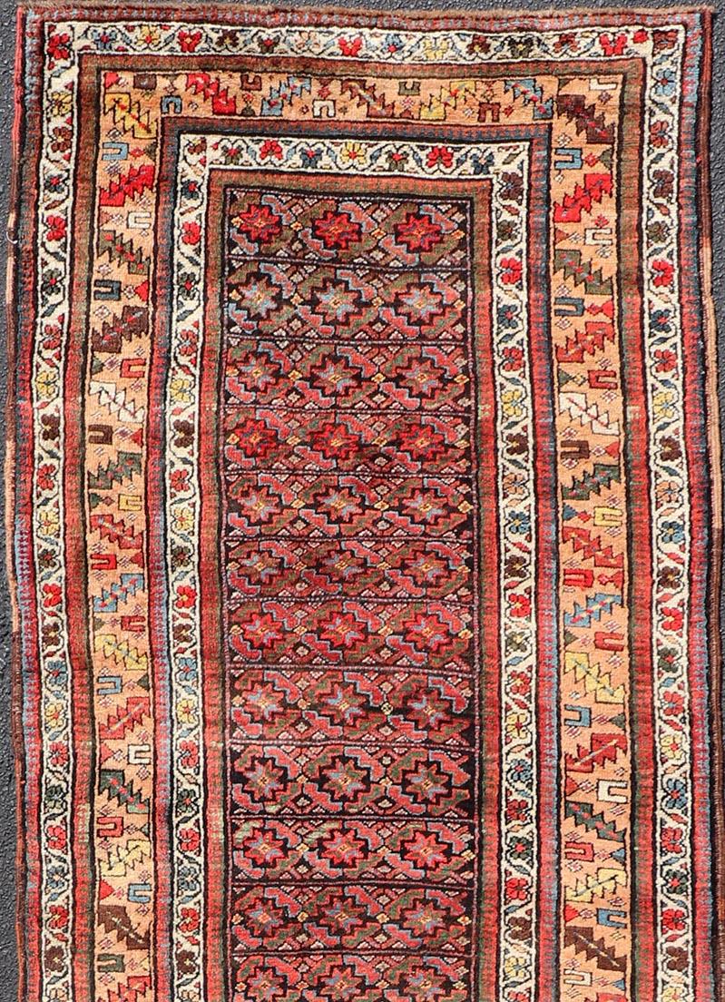 Antique Kurdish Runner with All-Over Geometric Design on a Blue Background For Sale 1
