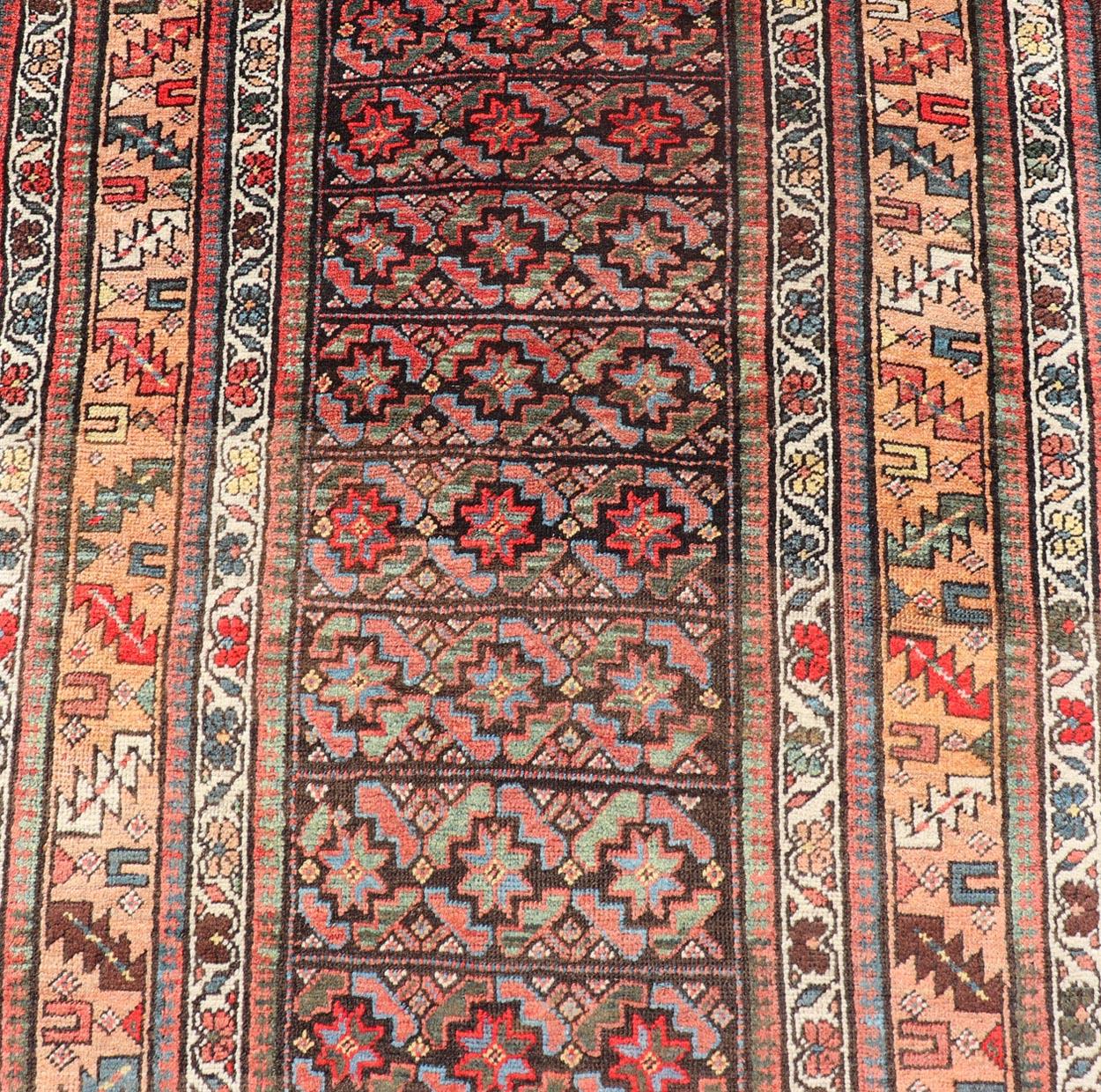 Hand-Knotted Antique Kurdish Runner with All-Over Geometric Design on a Blue Background For Sale