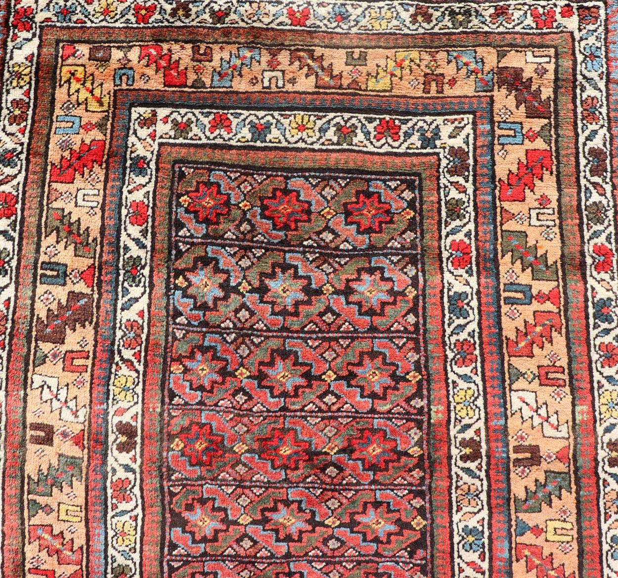 Antique Kurdish Runner with All-Over Geometric Design on a Blue Background In Good Condition For Sale In Atlanta, GA