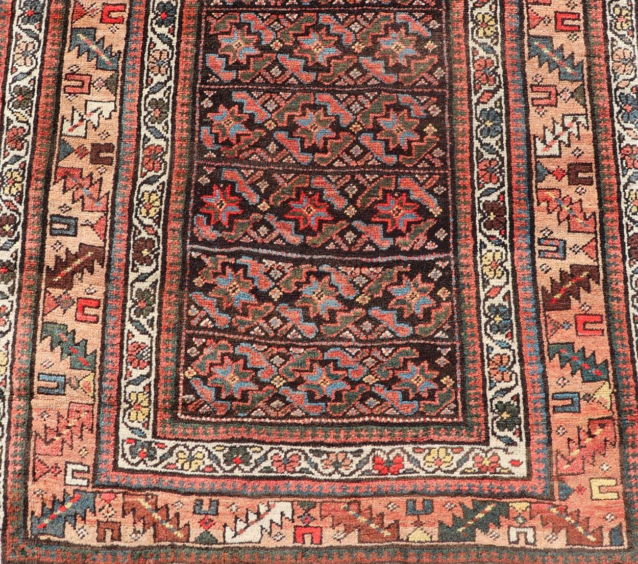 20th Century Antique Kurdish Runner with All-Over Geometric Design on a Blue Background For Sale