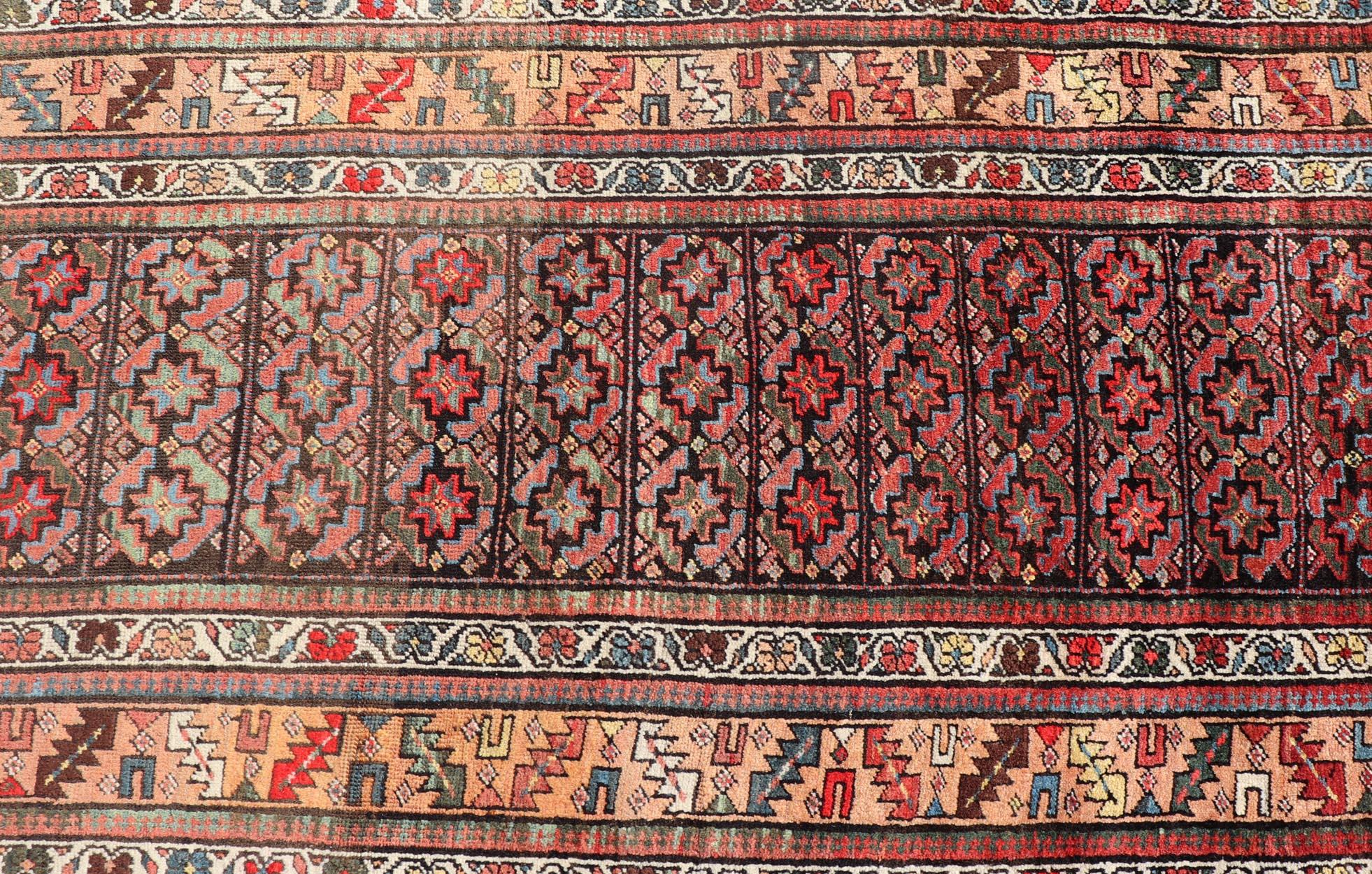Wool Antique Kurdish Runner with All-Over Geometric Design on a Blue Background For Sale
