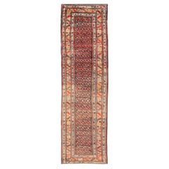 Antique Kurdish Runner with All-Over Geometric Design on a Blue Background