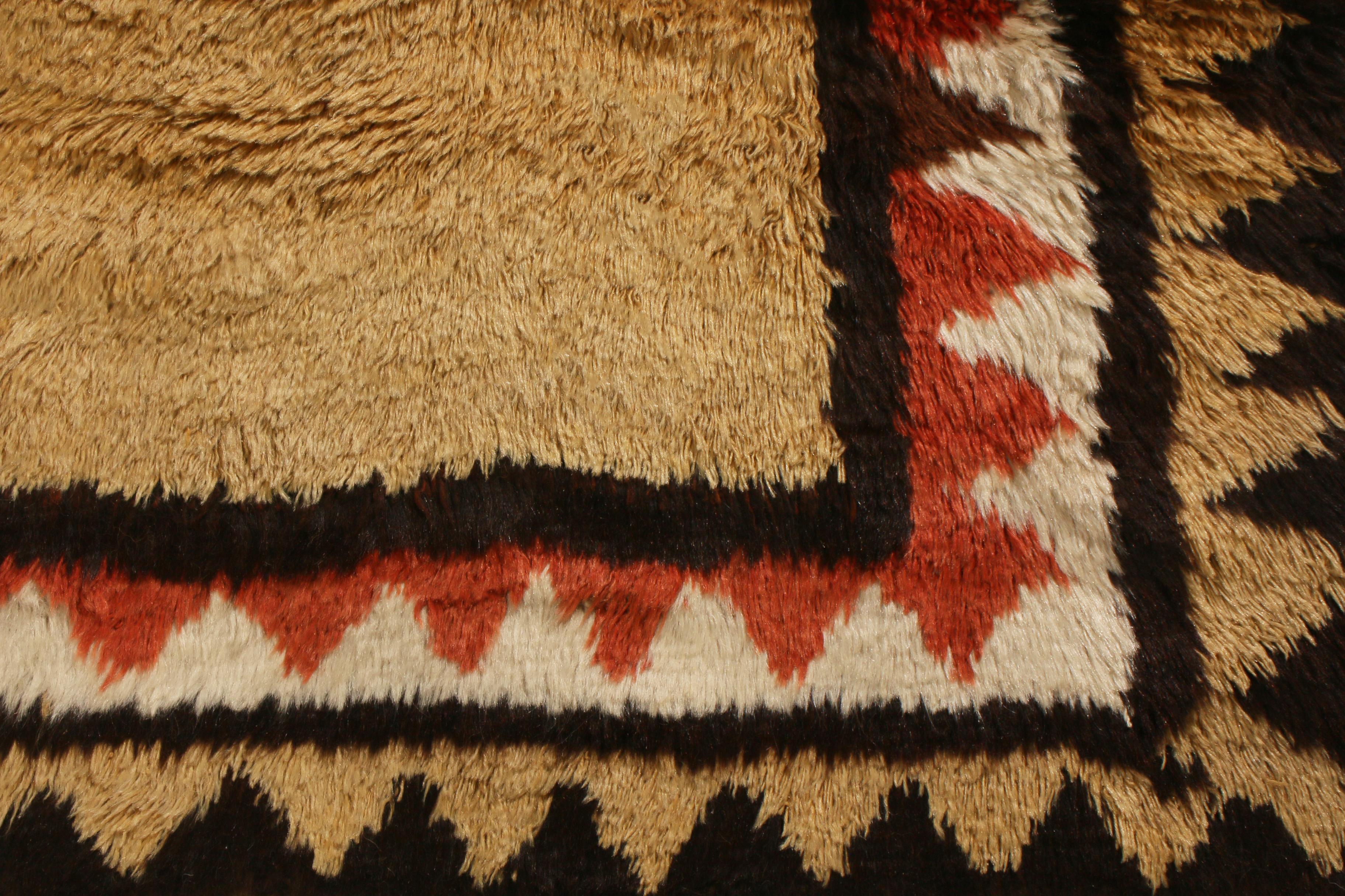 Hand-Knotted Antique Kurdish Transitional Geometric Copper Brown and Red Wool Rug