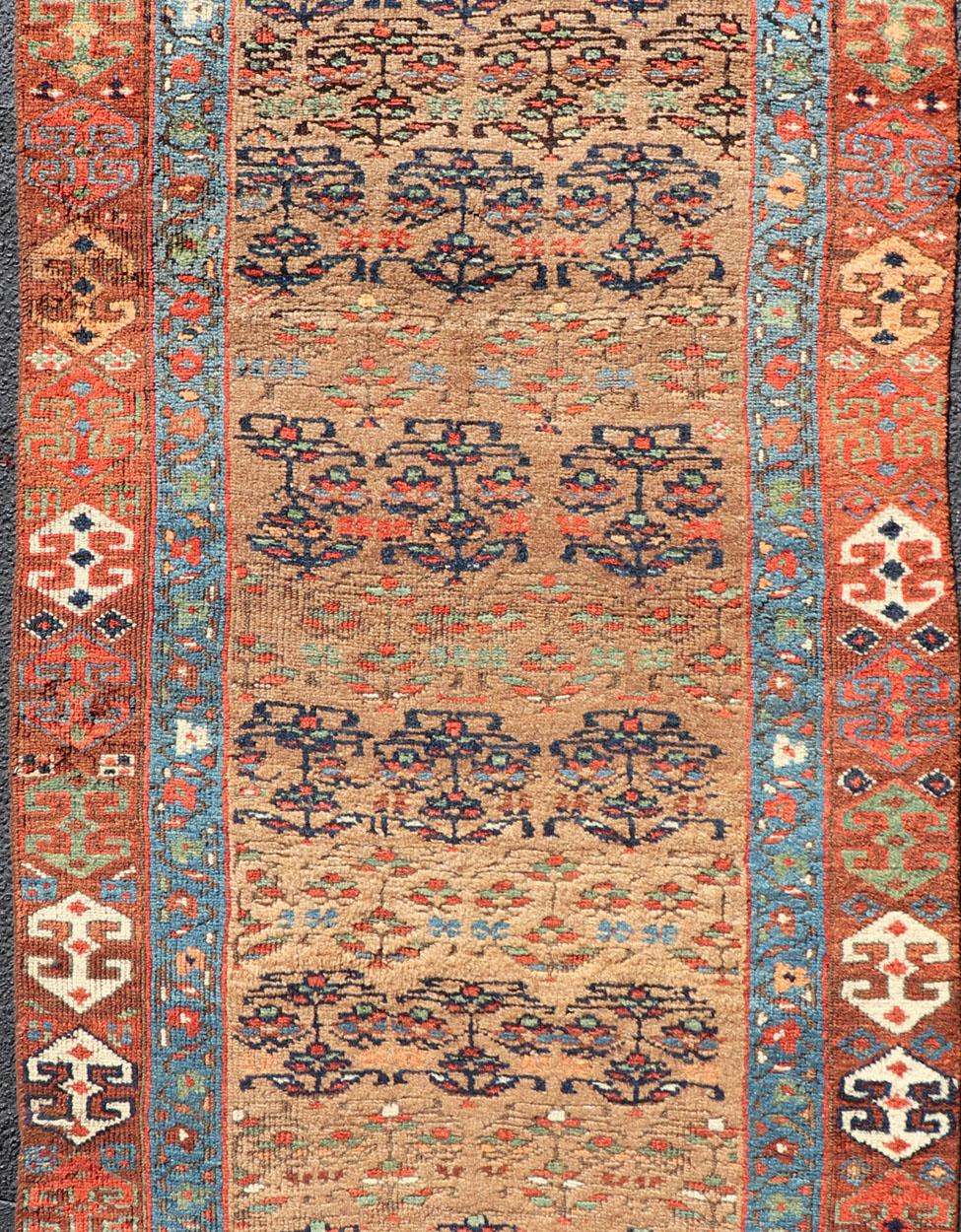 Persian Antique Kurdish Tribal Runner in All-Over Geometric Design in Yellow Background For Sale