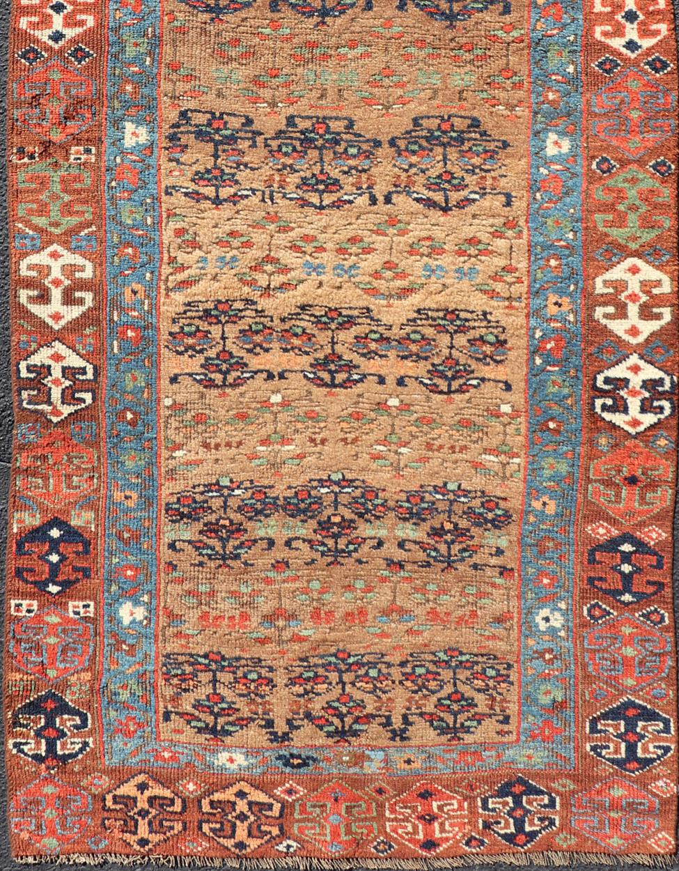 Hand-Knotted Antique Kurdish Tribal Runner in All-Over Geometric Design in Yellow Background For Sale