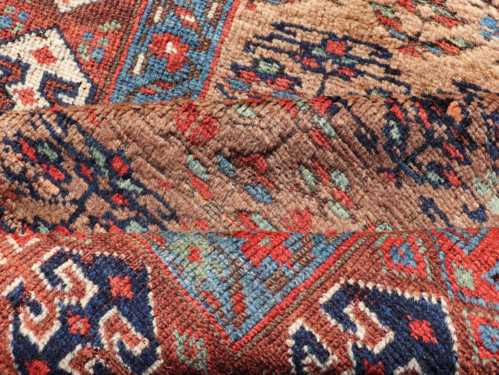 Wool Antique Kurdish Tribal Runner in All-Over Geometric Design in Yellow Background For Sale