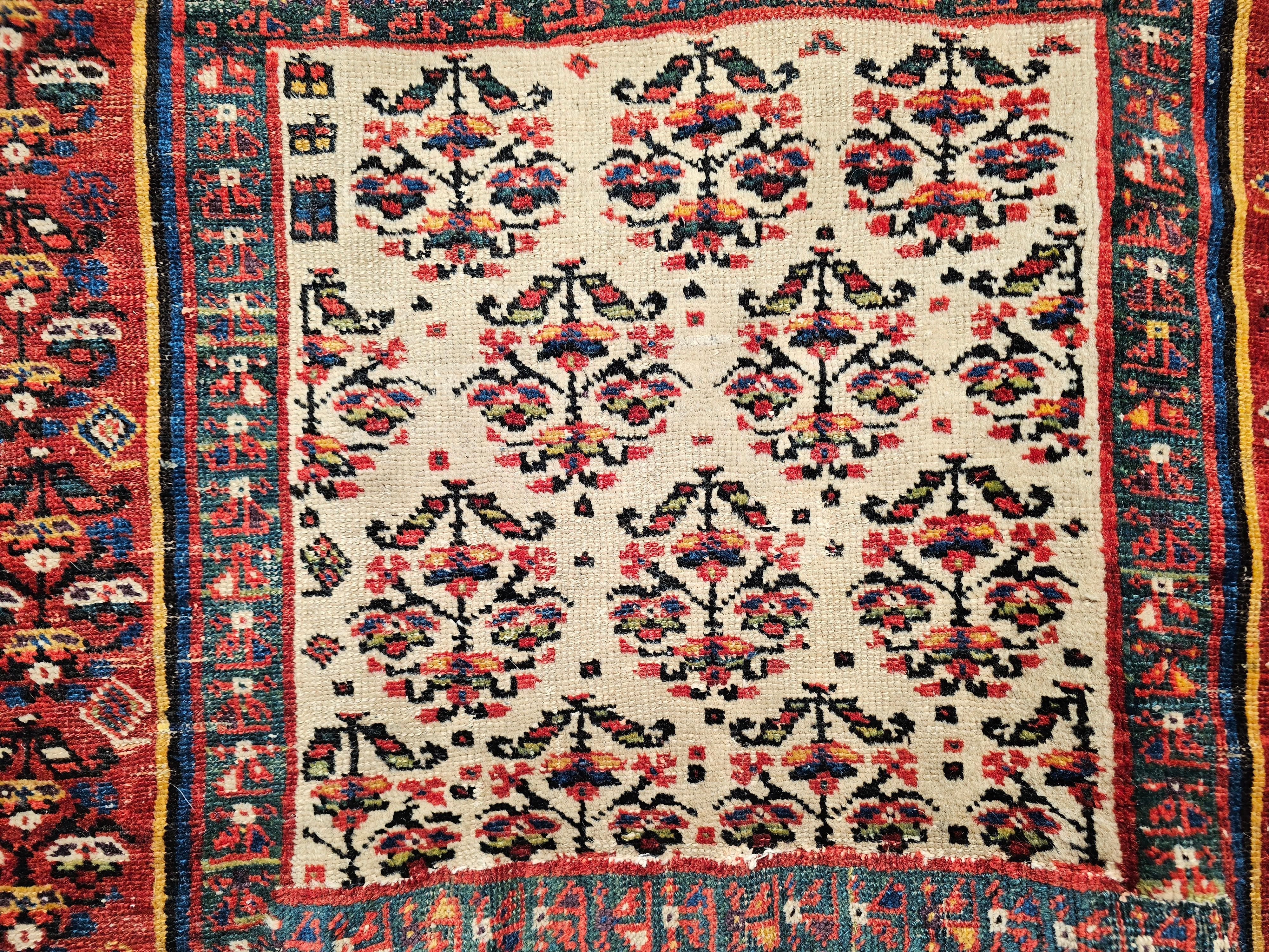 20th Century Vintage Persian Kurdish Saddle Blanket in Paisley Pattern in Ivory, Red, Green For Sale