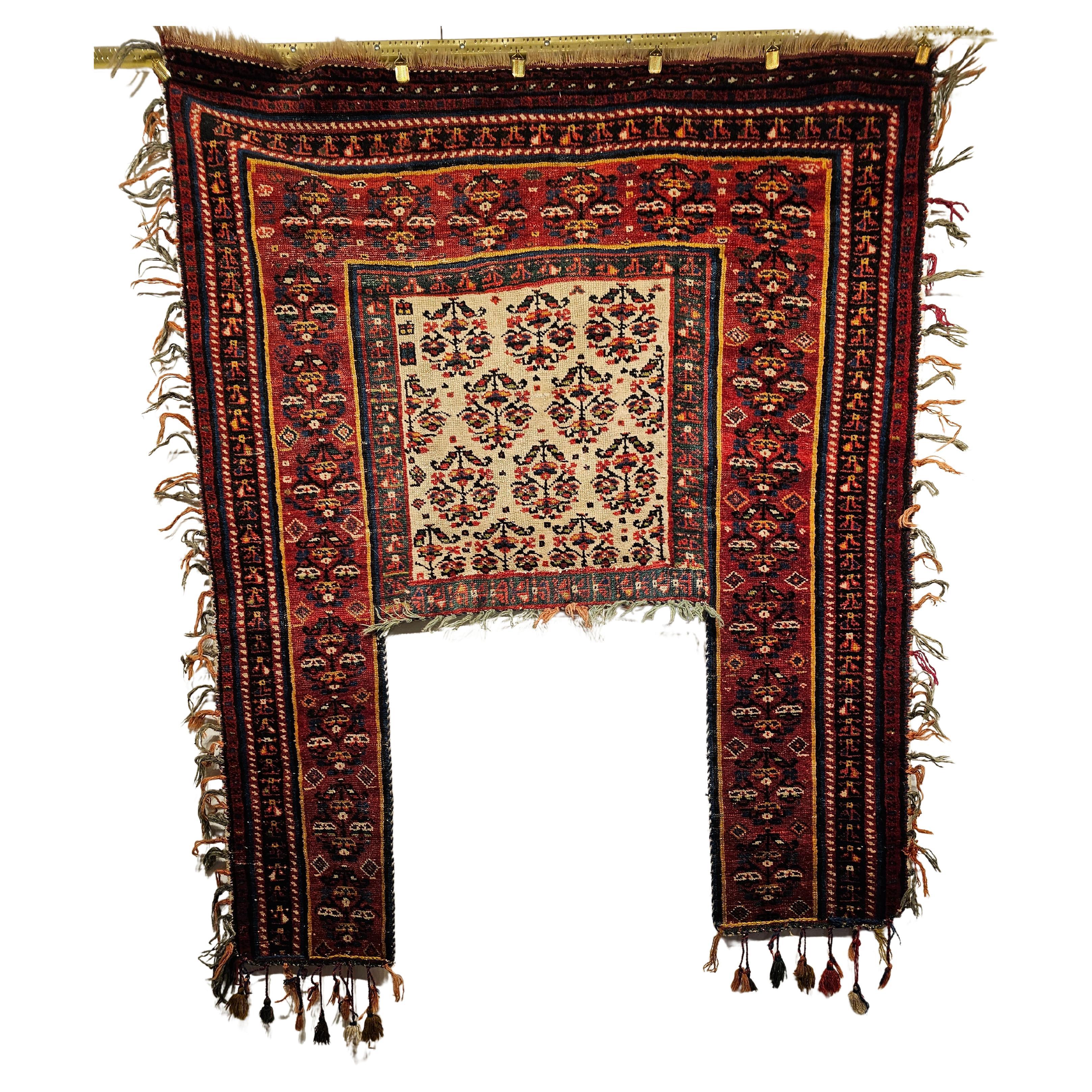Vintage Persian Kurdish Saddle Blanket in Paisley Pattern in Ivory, Red, Green