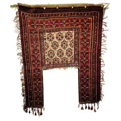 Vintage Persian Kurdish Saddle Blanket in Paisley Pattern in Ivory, Red, Green