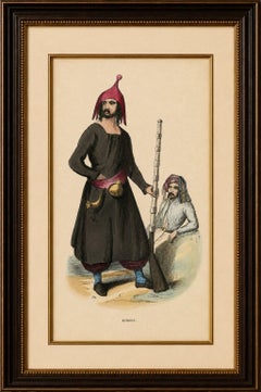 Antique Kurdish Warrior Print, Hand-Colored Ottoman Costume Lithograph, 1852