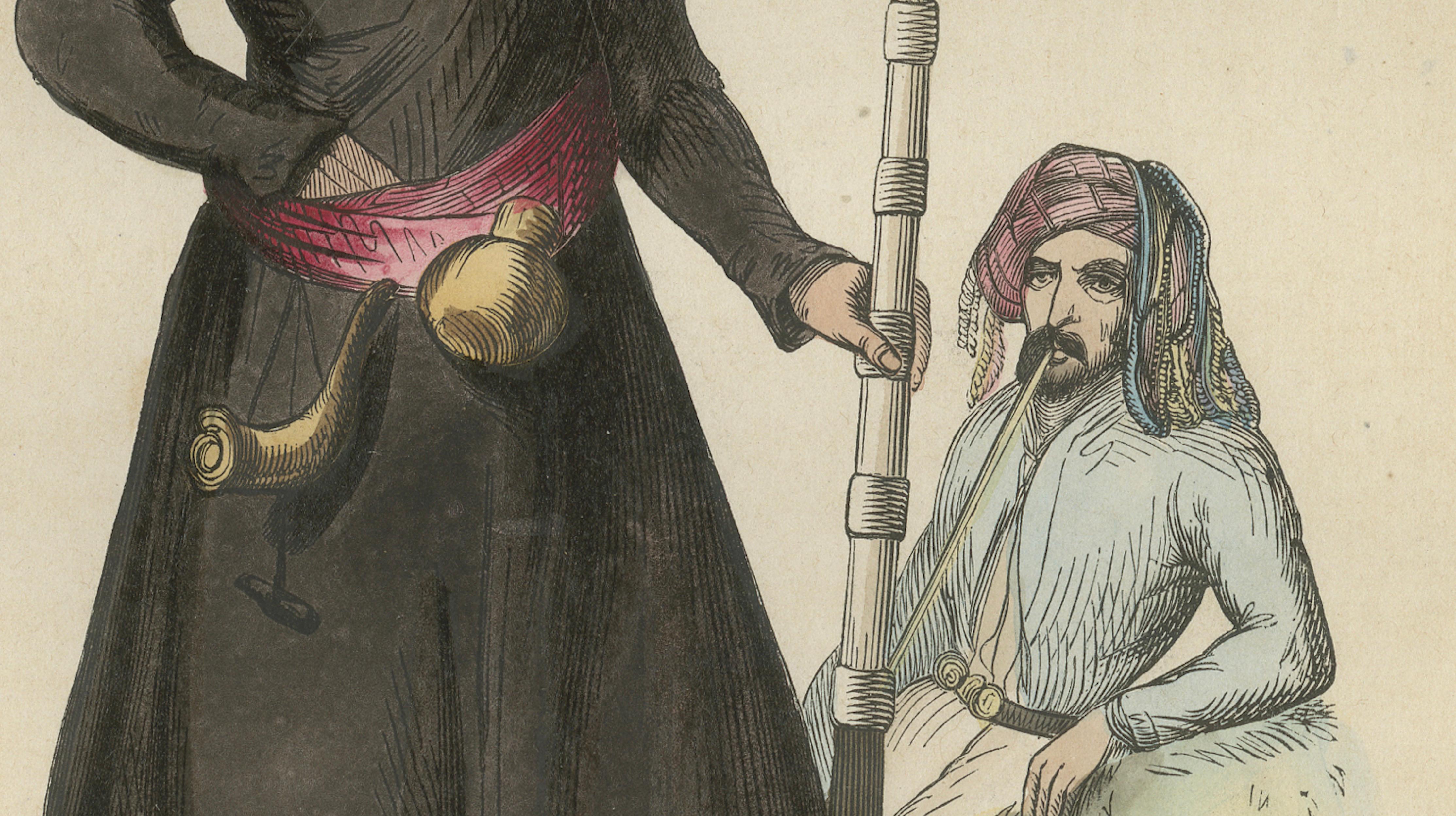 Antique Kurdish Warrior Print, Hand-Colored Ottoman Costume Lithograph, 1852
