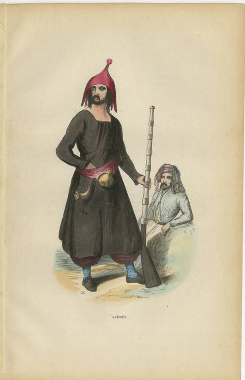 Antique Kurdish Warrior Print, Hand-Colored Ottoman Costume Lithograph, 1852