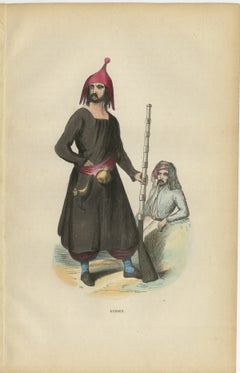 Antique Kurdish Warrior Print, Hand-Colored Ottoman Costume Lithograph, 1852