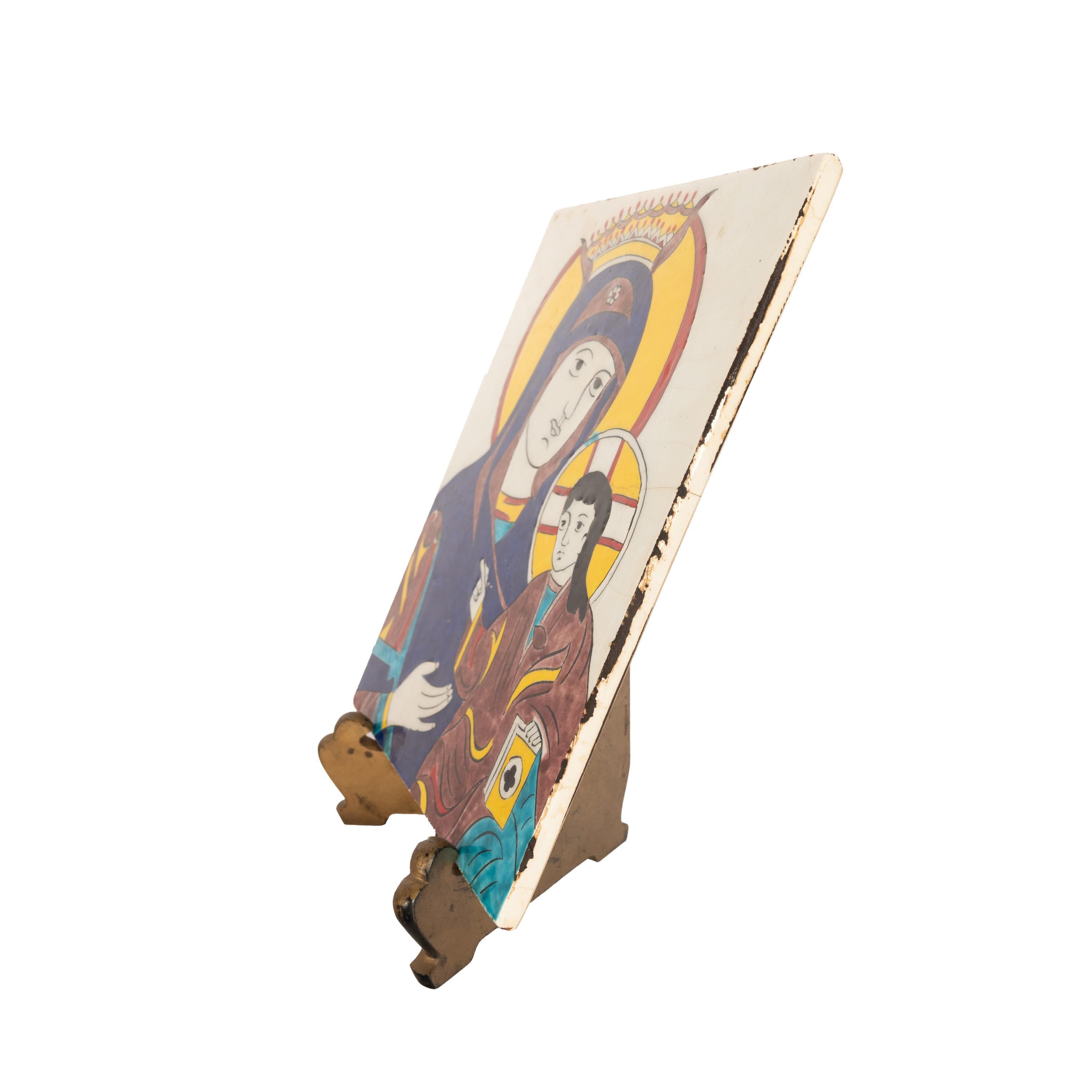 Other Antique Kütahya Pottery Icon Tile Armenian Virgin Mary & Child Jesus Turkey 1820 For Sale