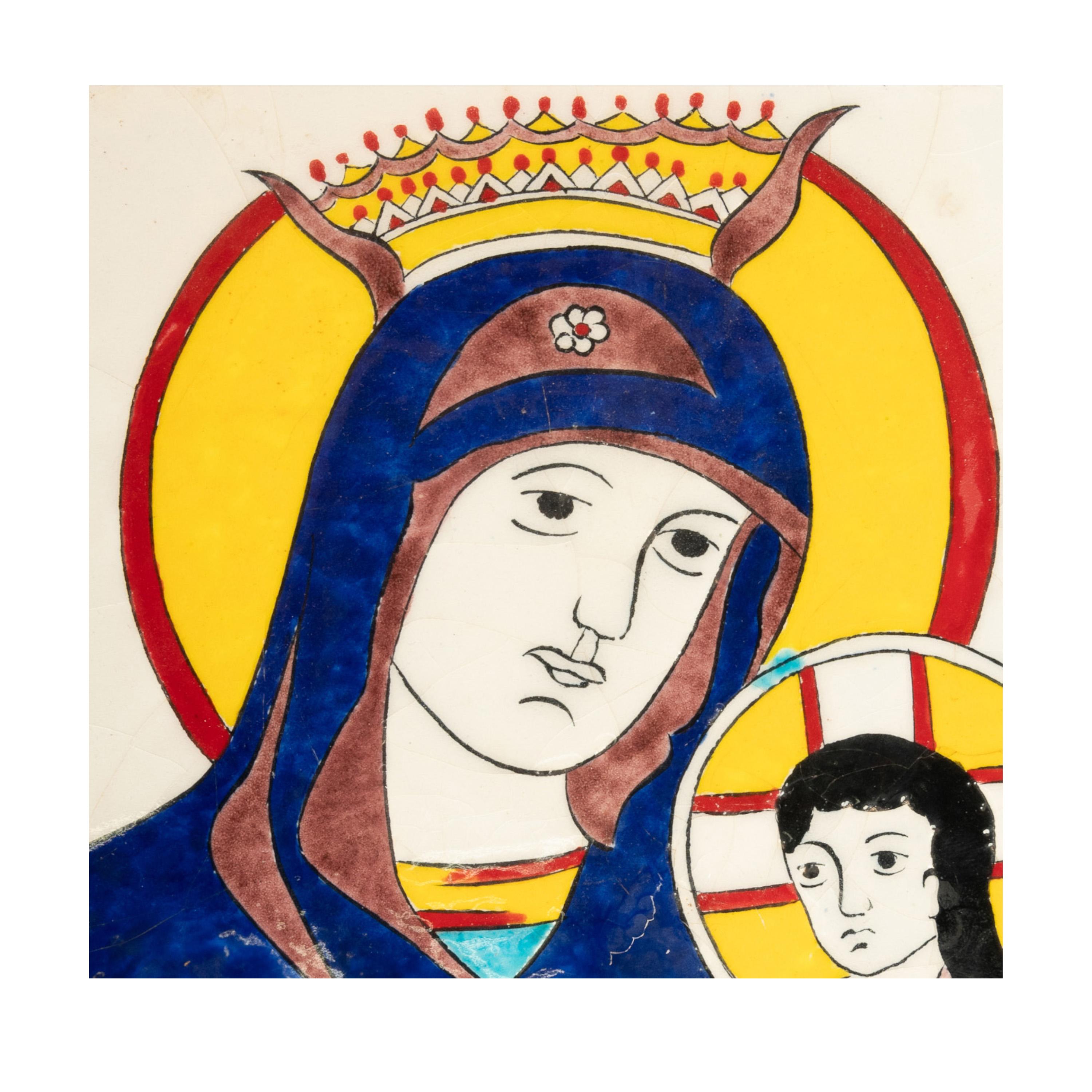 Turkish Antique Kütahya Pottery Icon Tile Armenian Virgin Mary & Child Jesus Turkey 1820 For Sale