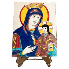 Antique Kütahya Pottery Icon Tile Armenian Virgin Mary & Child Jesus Turkey 1820