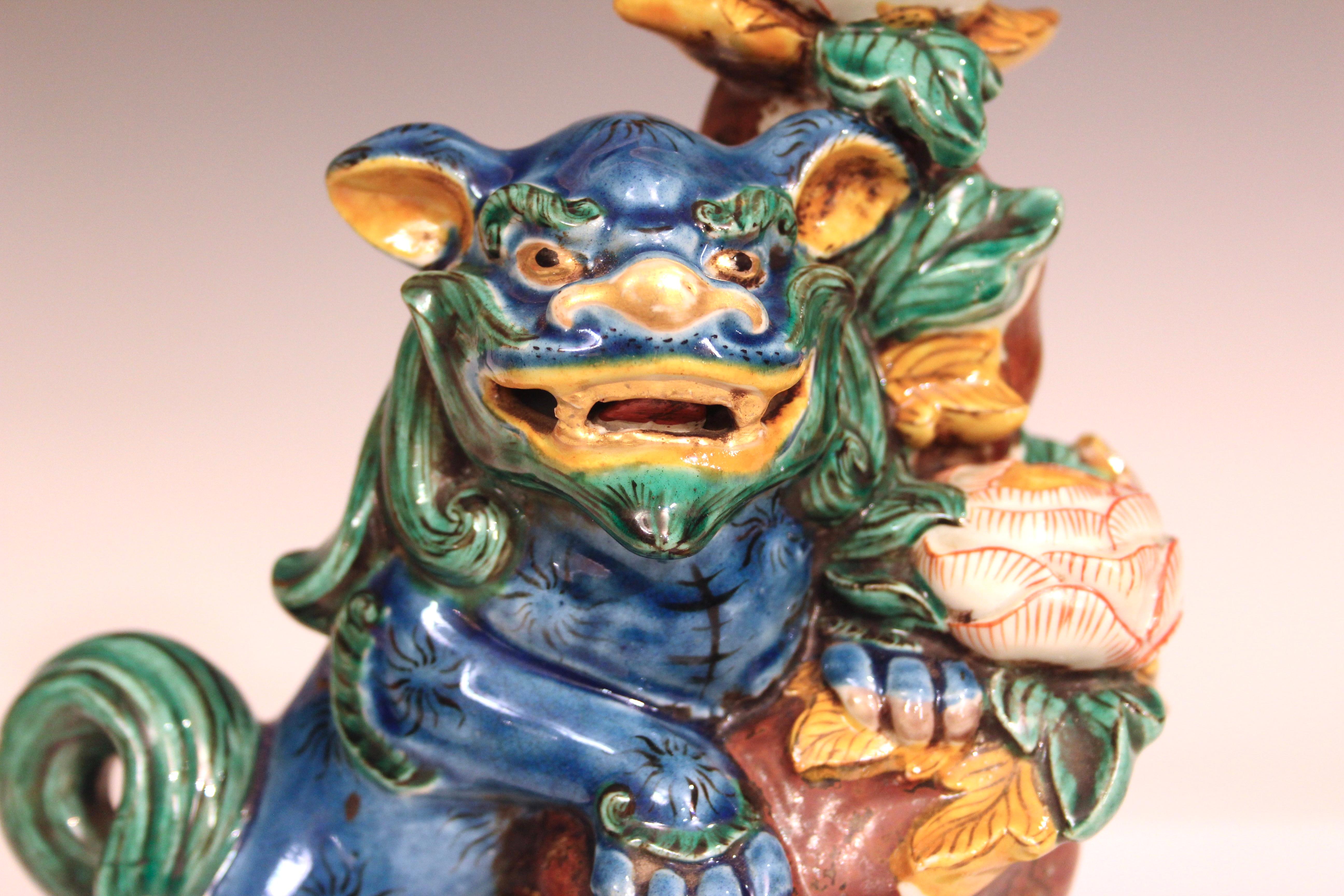 Pressed Antique Kutani Porcelain Japanese Shi Shi Lion Foo Dog Figure Candle Joss Stick For Sale