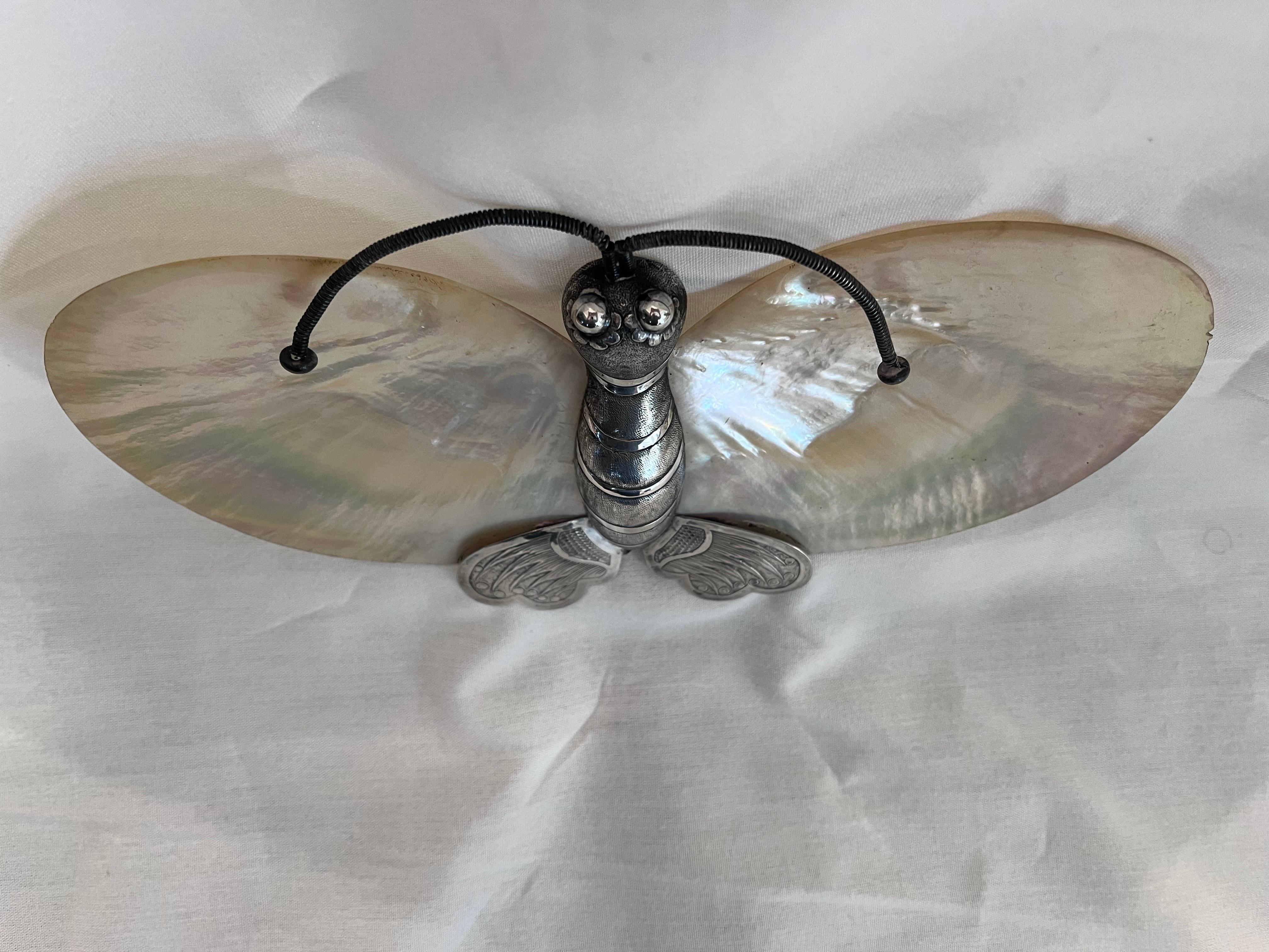Antique Kwan Wo Style Chinese Silver and Shell Butterfly Sweetmeat Caviar Dish 3