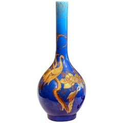 Antique Kyoto-Awaji Japanese Pottery Bottle Vase with Lacquer Decoration