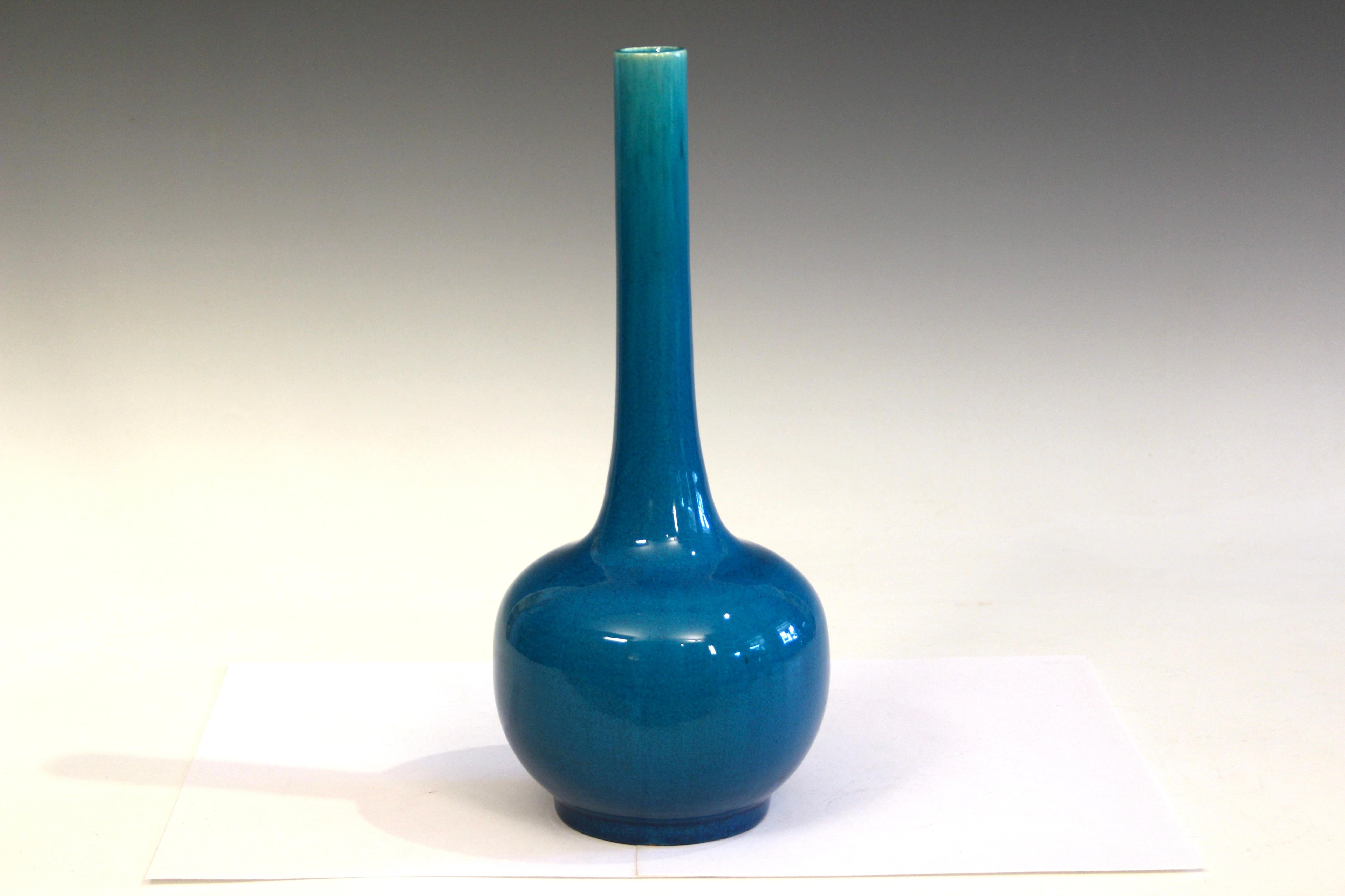Art nouveau Ancien vase bouteille Kyoto-Awaji bleu turquoise émaillé craquelé en vente