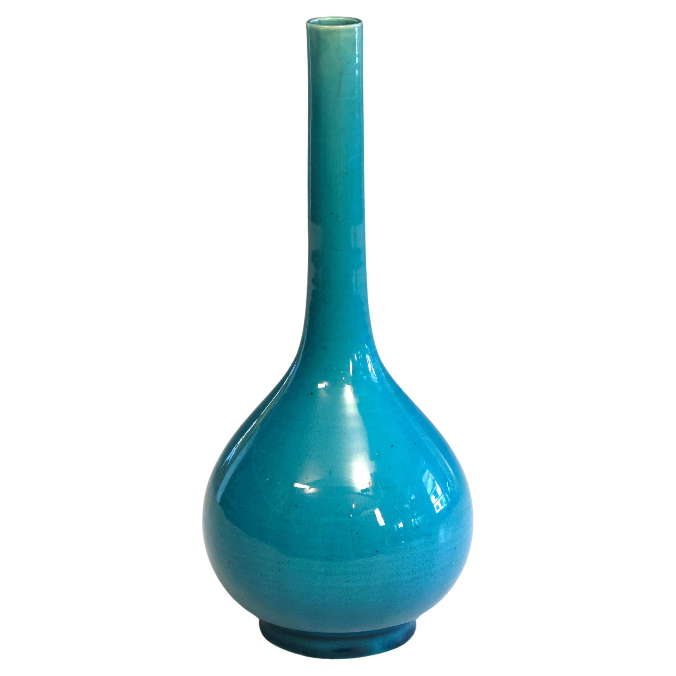 Ancien vase bouteille Kyoto-Awaji bleu turquoise émaillé craquelé