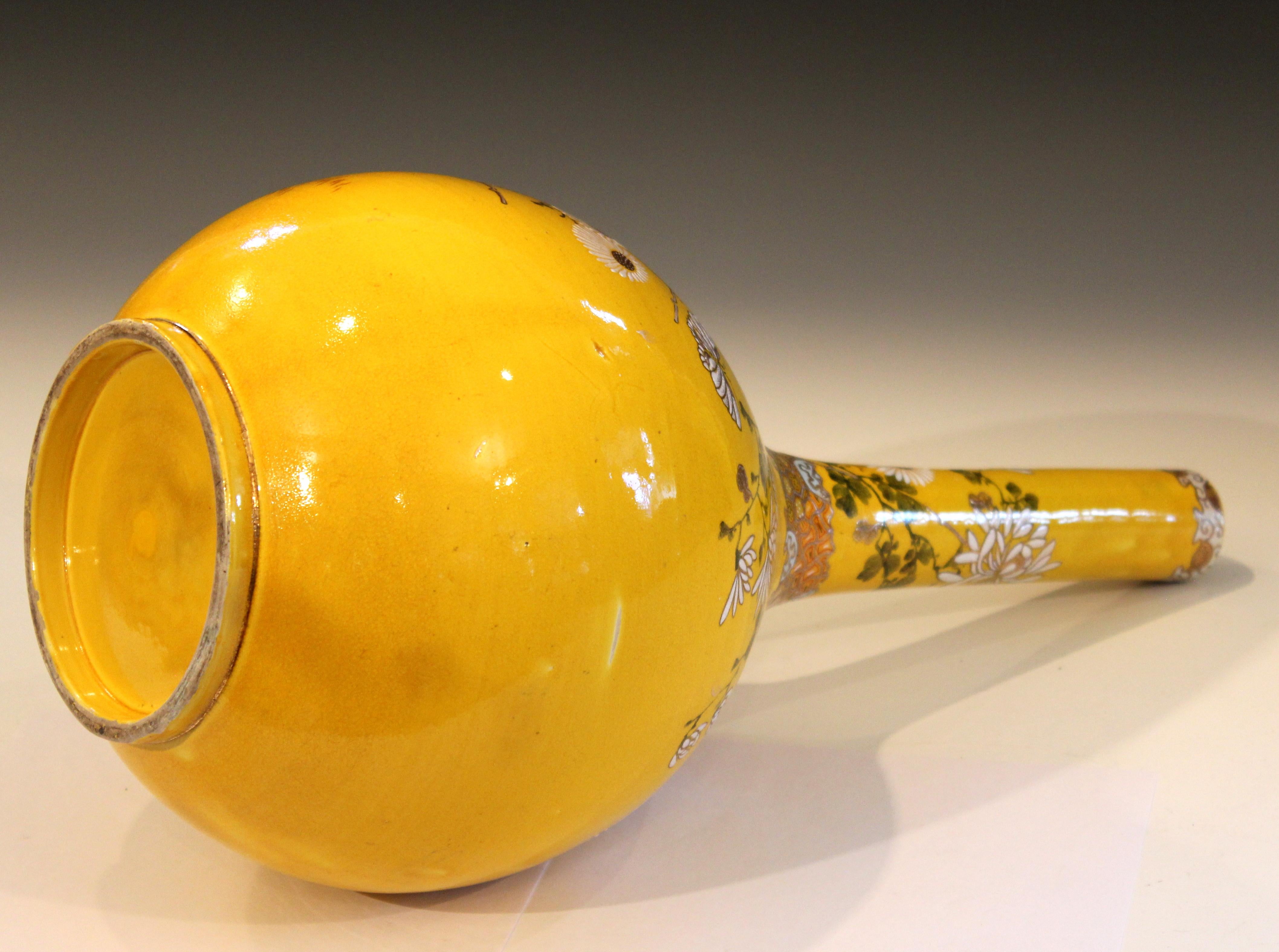 Turned Antique Kyoto Satsuma Kinkozan Japanese Pottery Atomic Yellow Bottle Flower Vase