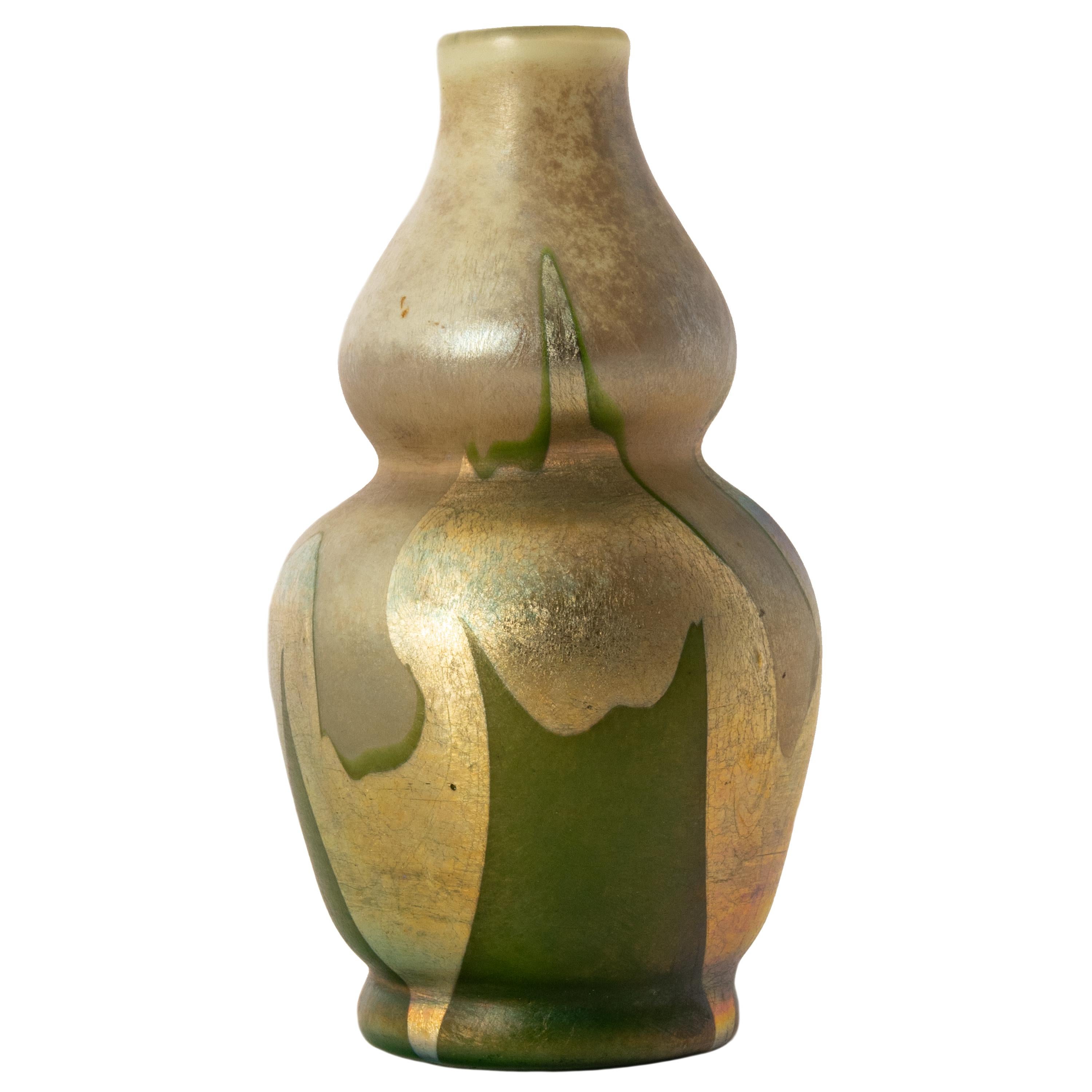 Art Nouveau Antique L. C. Tiffany Favrile Miniature Double Gourd Iridescent Glass Vase 1900 For Sale