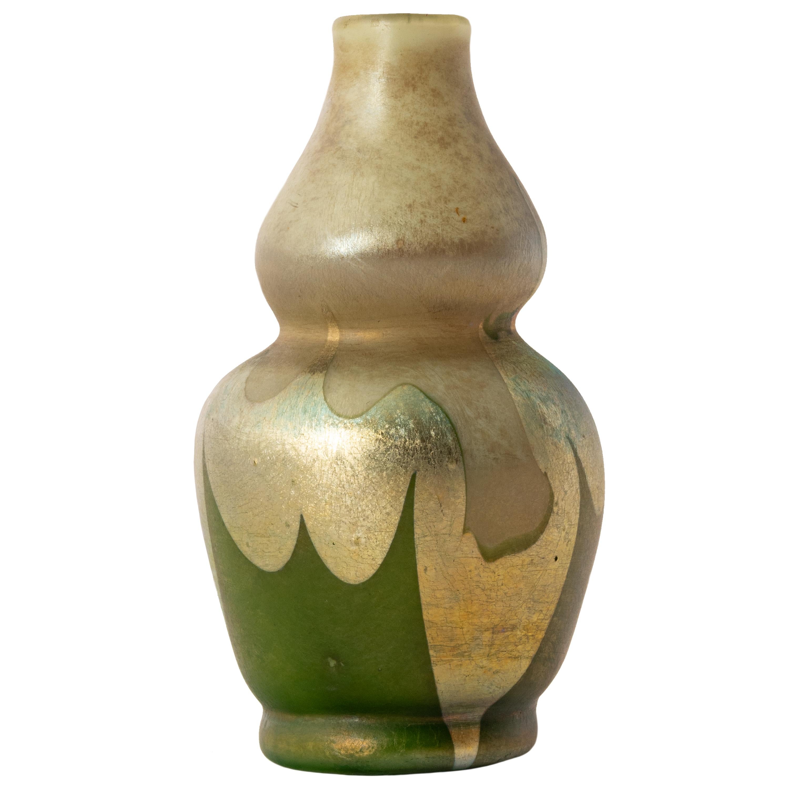 American Antique L. C. Tiffany Favrile Miniature Double Gourd Iridescent Glass Vase 1900 For Sale
