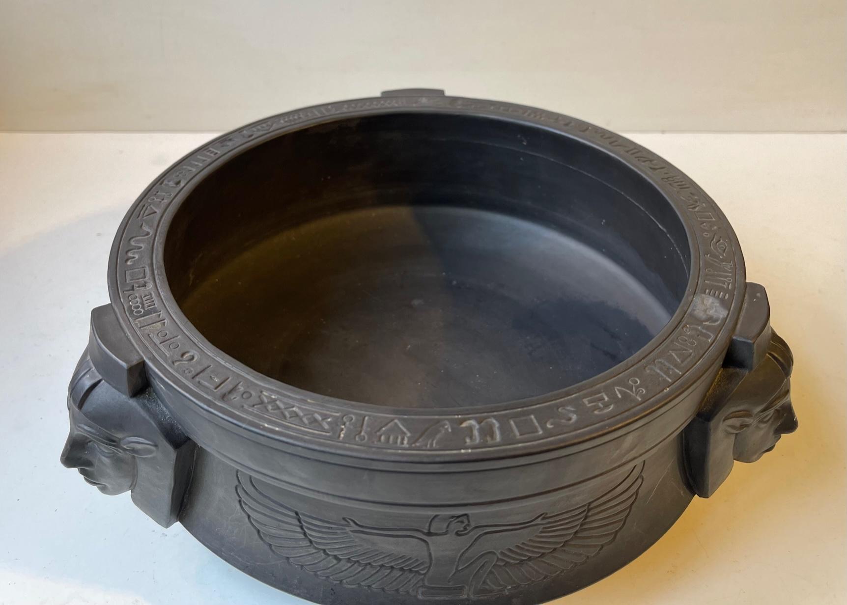 Blackened Antique L. Hjorth Pharaoh Bowl in Black Terracotta, Hieroglyphs & Isis For Sale