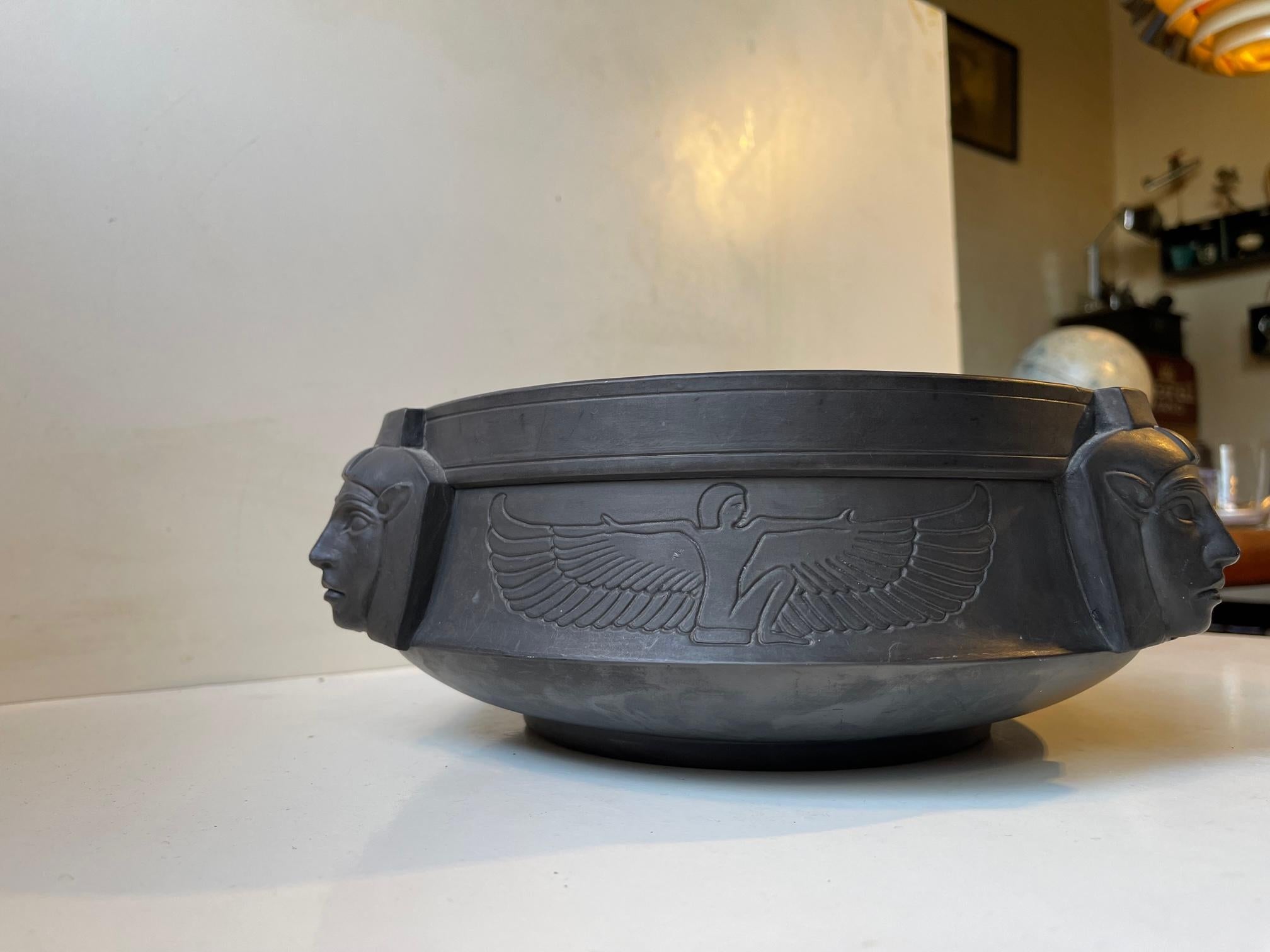 Antique L. Hjorth Pharaoh Bowl in Black Terracotta, Hieroglyphs & Isis In Good Condition For Sale In Esbjerg, DK