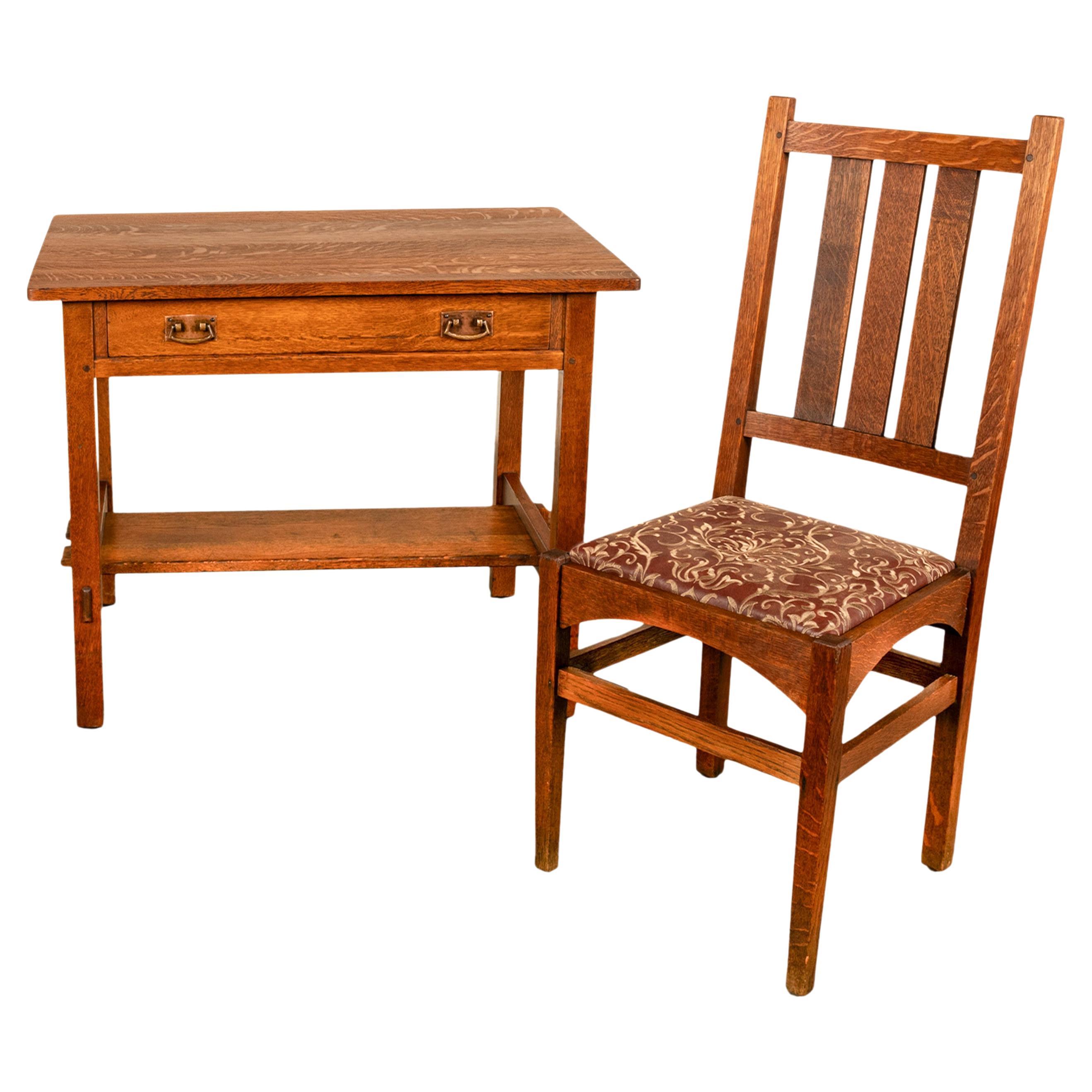 Antico I.L.A. & G.G. Stickley Mission Oak Library Tavolo da scrittura e sedia 1902