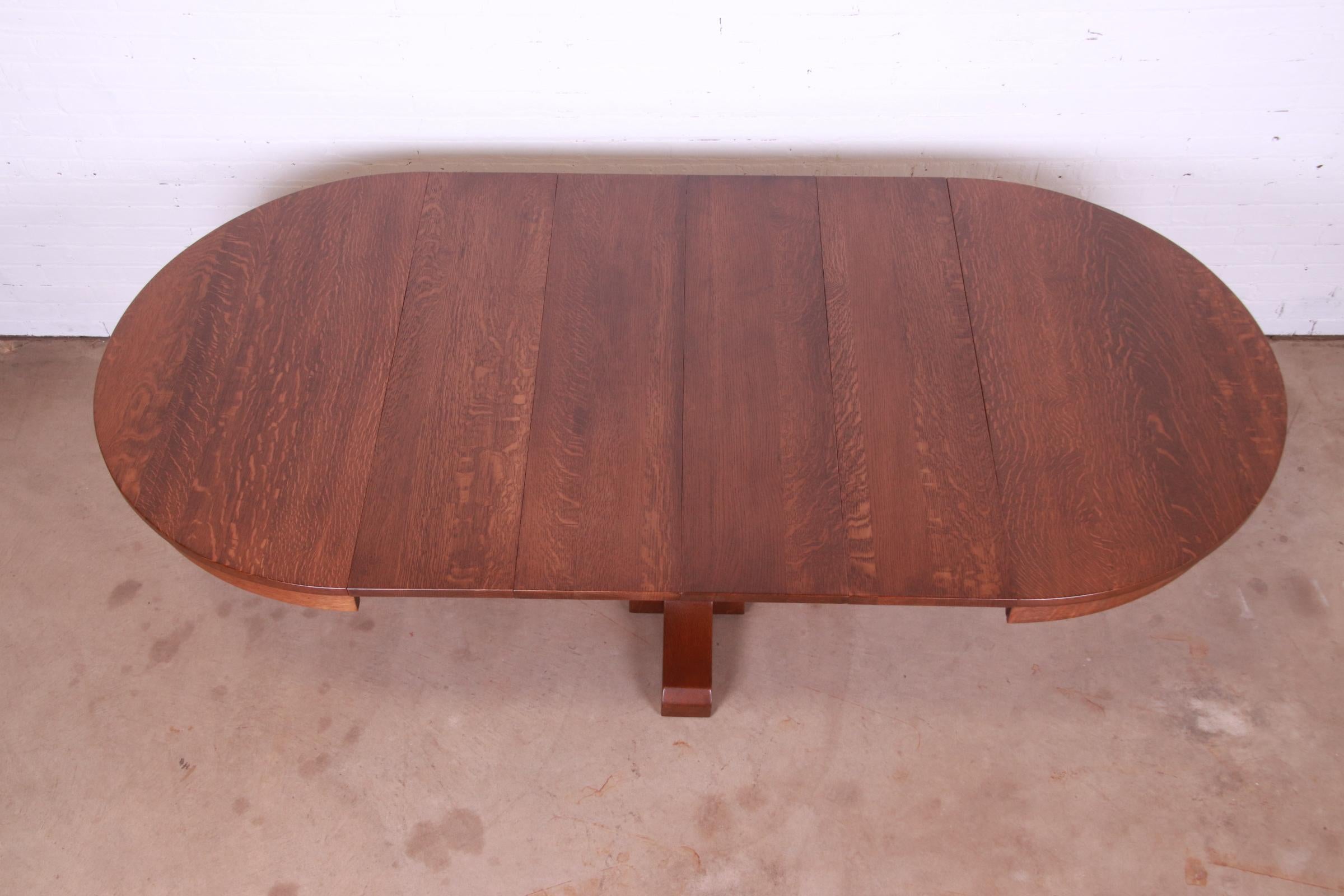 Antique L. & J.G. Stickley Arts & Crafts Oak Extension Pedestal Dining Table For Sale 7